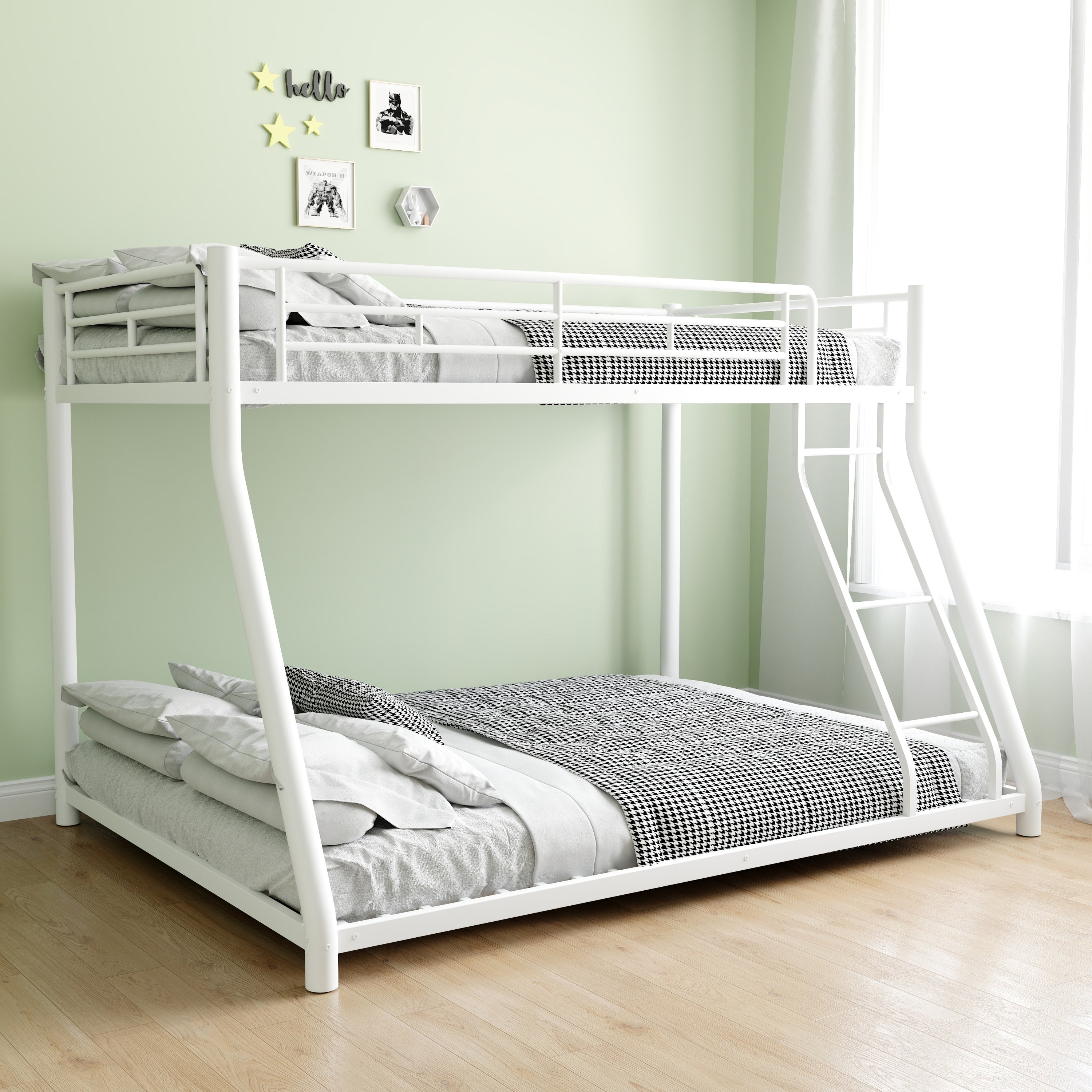 Metal Bunk Bed Twin Over Full Size with Removable Stairs, Heavy Duty Sturdy Frame with 12" Under-Bed Storage for Teen & Adults, Teens, No Box Spring Needed, White