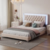 Queen Size Upholstered Bed Frame with LED Lights,Modern Velvet Platform Bed with Tufted Headboard,Beige