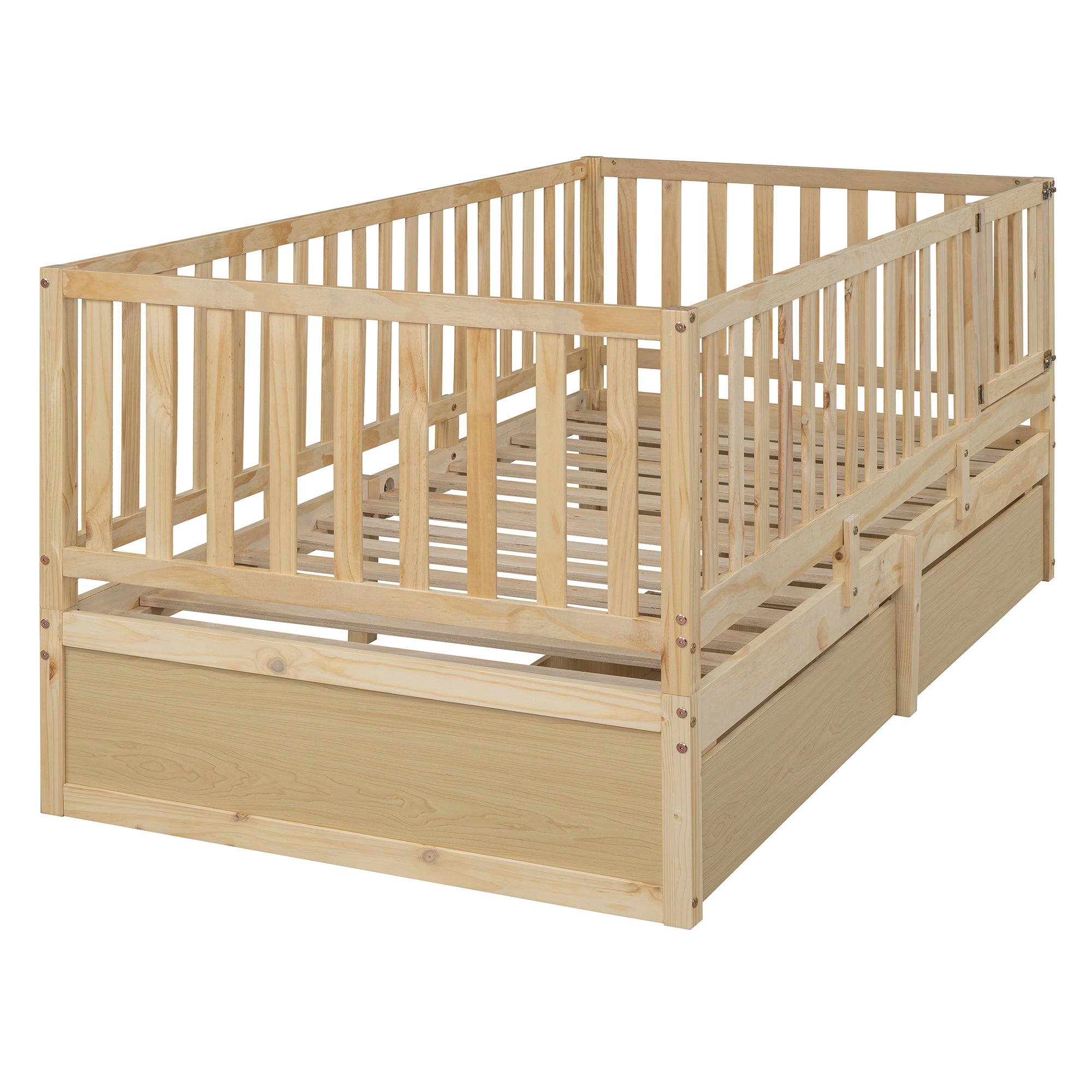 Twin Size Wood Daybed with Fence Guardrails and 2 Drawers, Split into Independent Floor Bed & Daybed, Natural(OLD SKU :LP000881AAN)