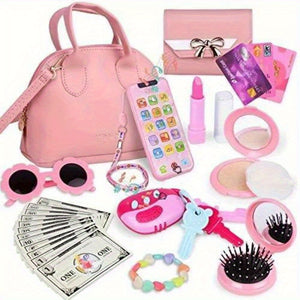 31 Pieces Pretend Play Girl Toys for 3 to 8 Years Old, Toddler Play Purse Set with Handbag, Makeup Kit, Wallet Phones Sunglasses Keys Credit Cards, Kids Toy Purse Gifts