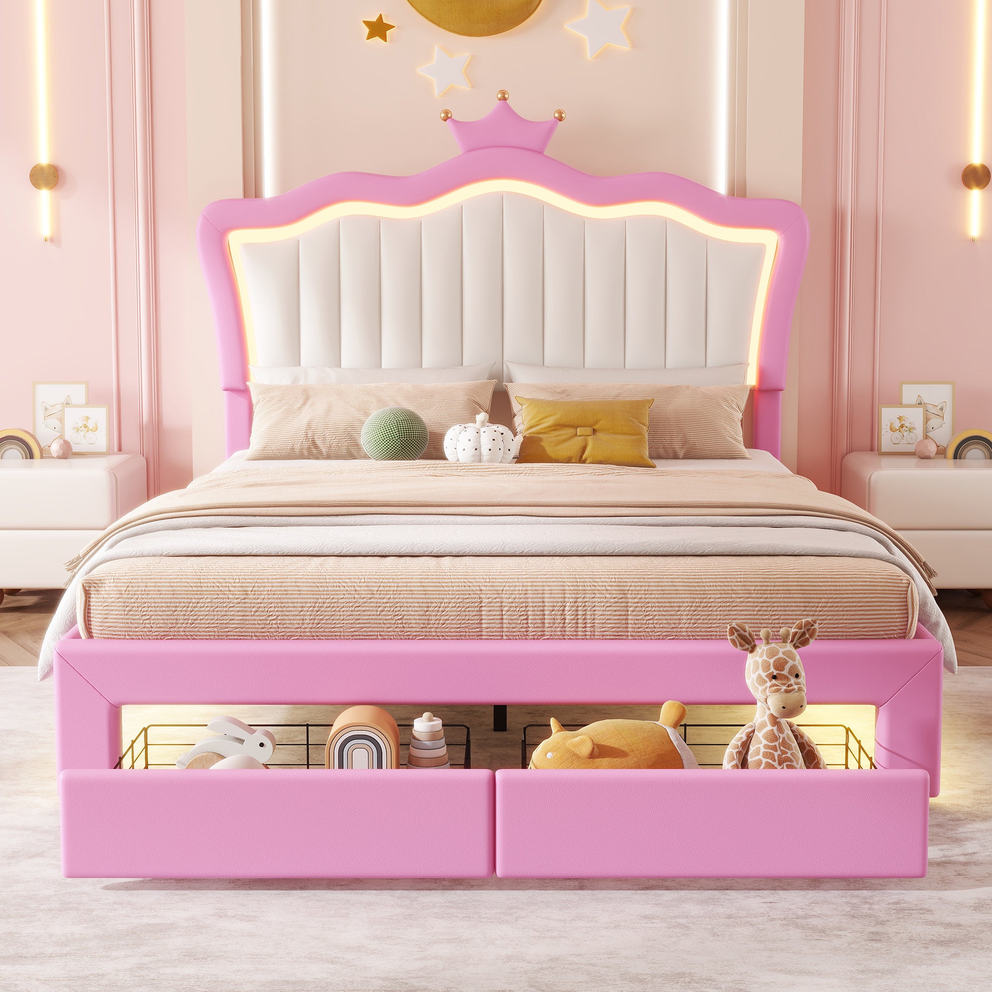 Full Size Upholstered Bed Frame with LED Lights, Modern Upholstered Princess Bed with Crown Headboard, 2 Drawers, Pink+White