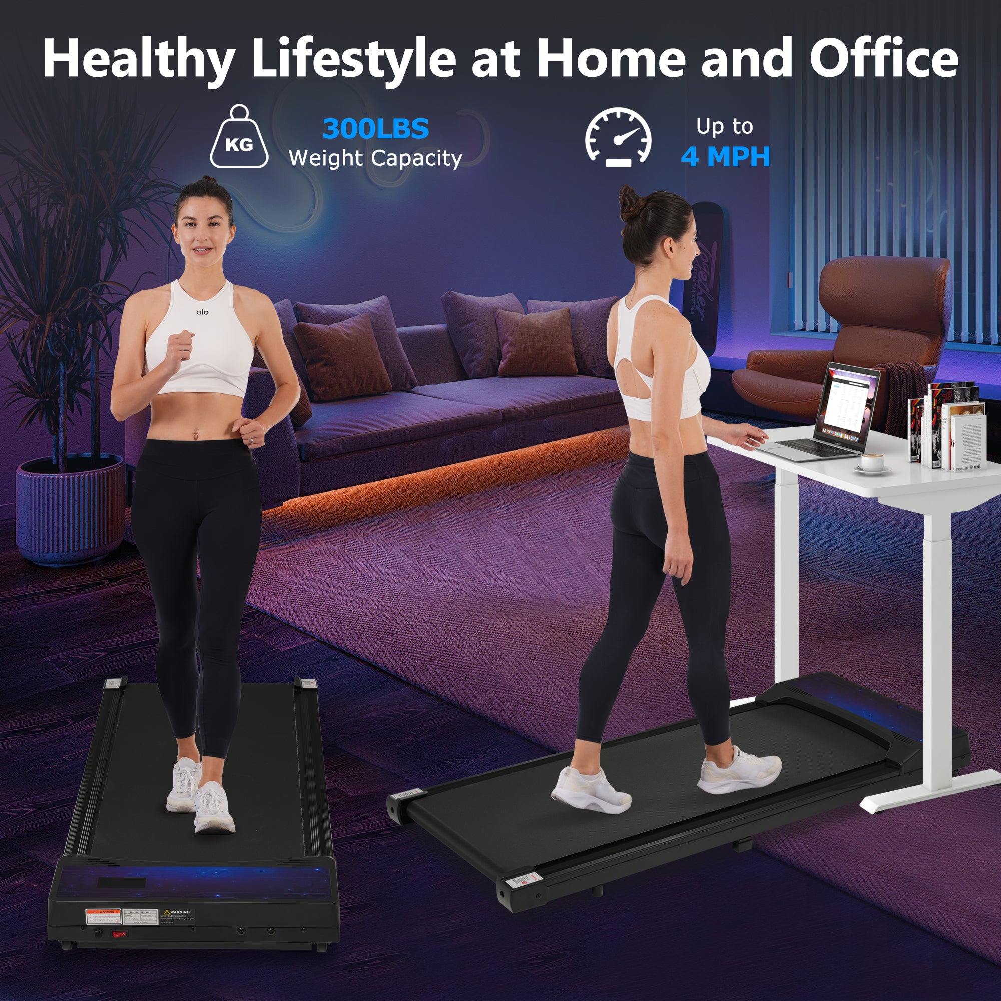 Walking Pad Under Desk Treadmill for Home Office -2.5HP Walking Treadmill 0.6-4MPH 300LBS Capacity Treadmill for Walking Running Remote Control Batteries