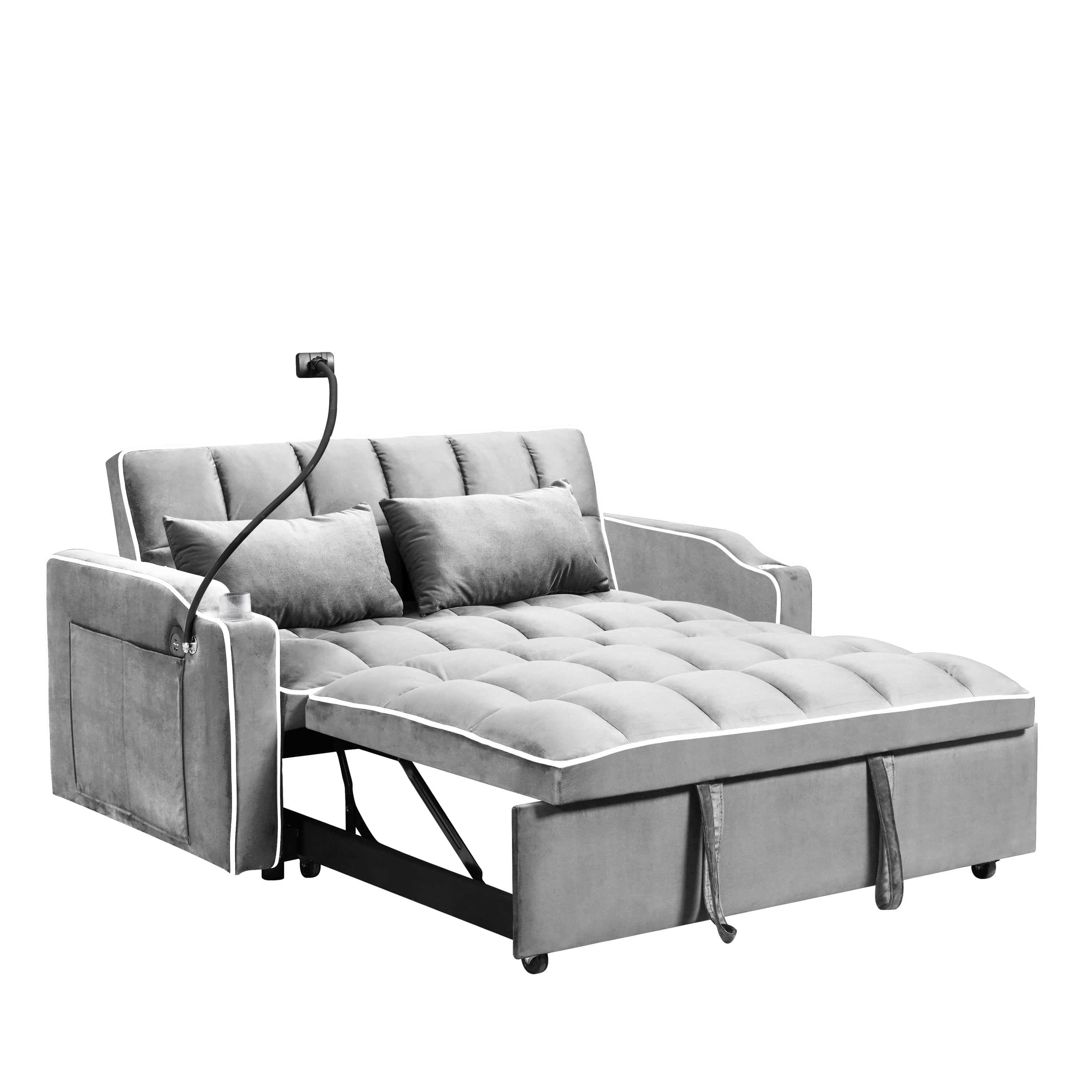 Multi-functional pullout sofa bed, 3 lengths, modern sofa sofa velvet pull-out bed, adjustable back, with USB port, ashtray and swivel phone stand( light grey)