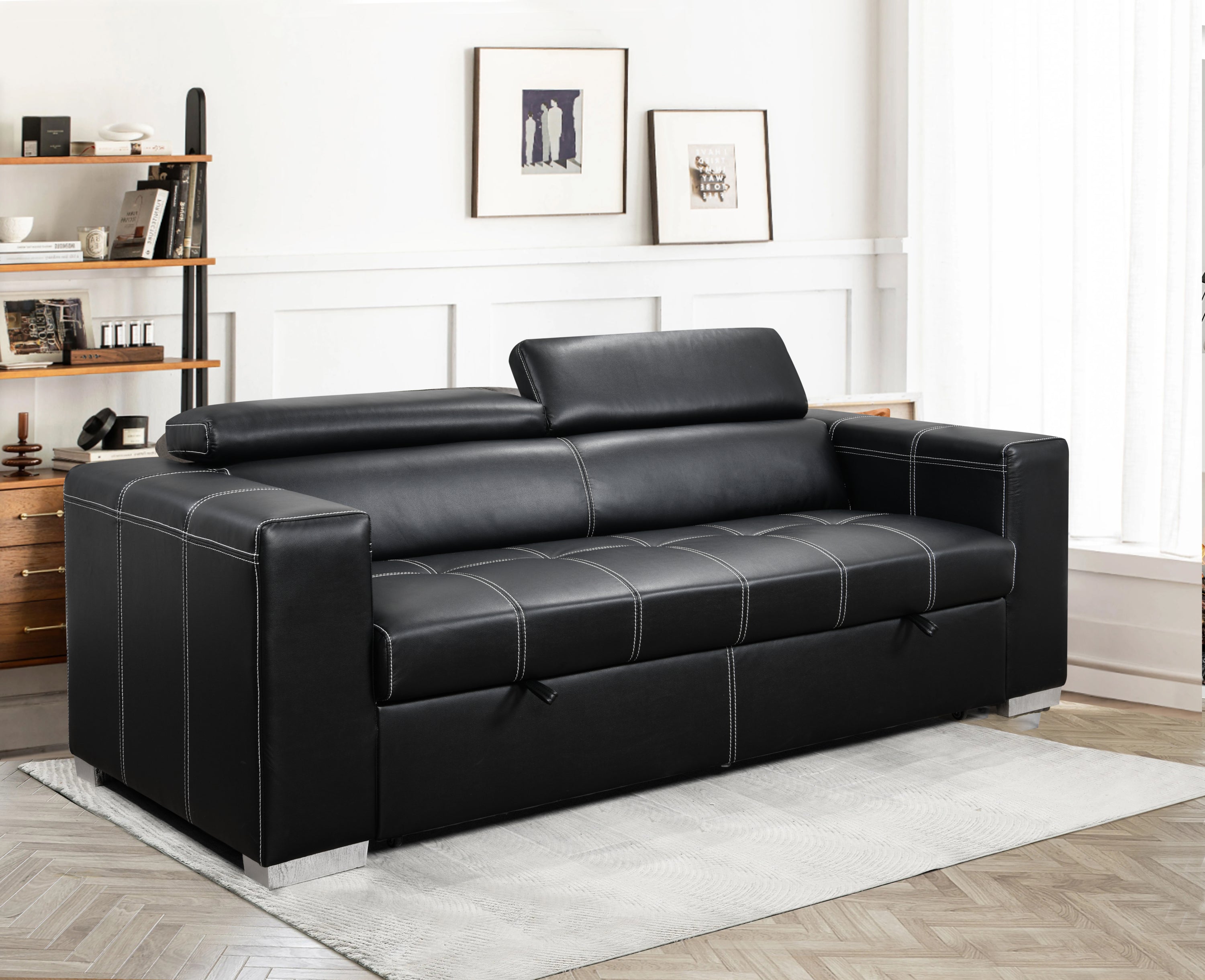 88 Inch Convertible Sofa Couch with Pull Out Bed, Modern Lounge Sleeper Sofa Set with Adjustable Headrest, Sofa Bed Furniture for for Living Room, Apartment,Basement, Black