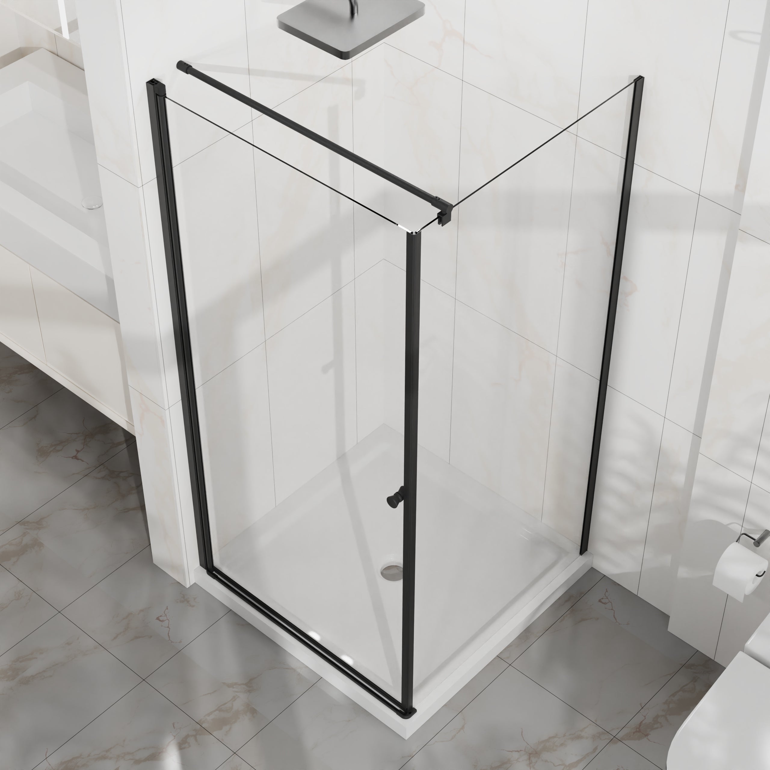 36 in. corner shower door clear tempered glass angled view