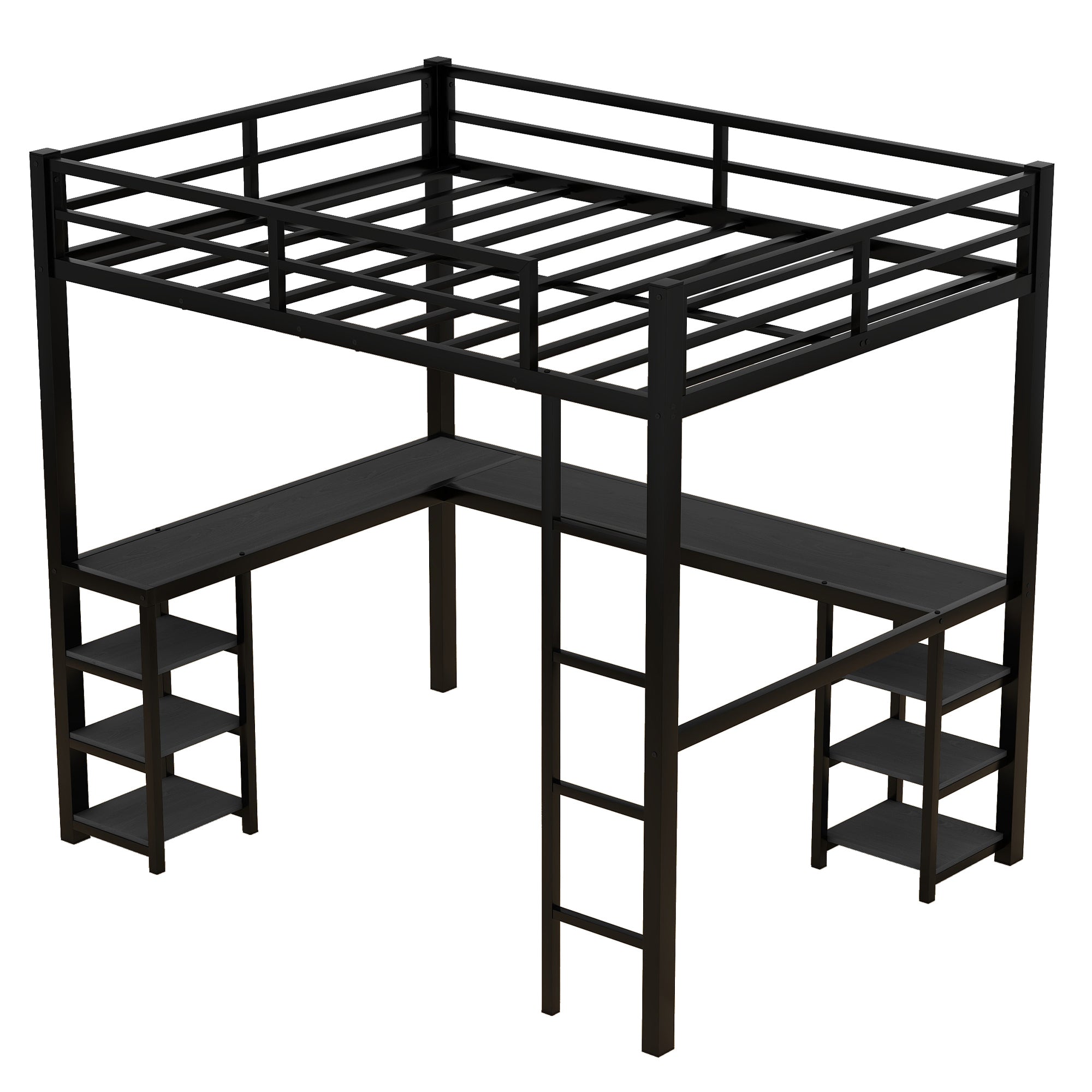 Full Metal Loft Bed with Desk and Shelves, Loft Bed with Ladder and Guardrails, Loft Bed Frame for Bedroom, Black with Black Desk