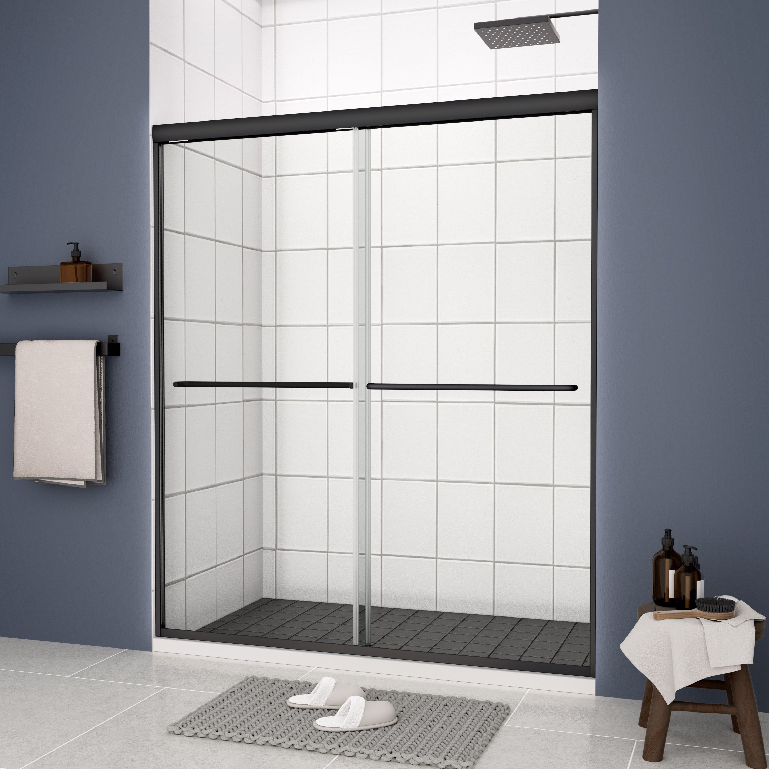 56-60"W x 70"H Bypass shower door, sliding door, with 1/4" tempered glass and Matted black finish