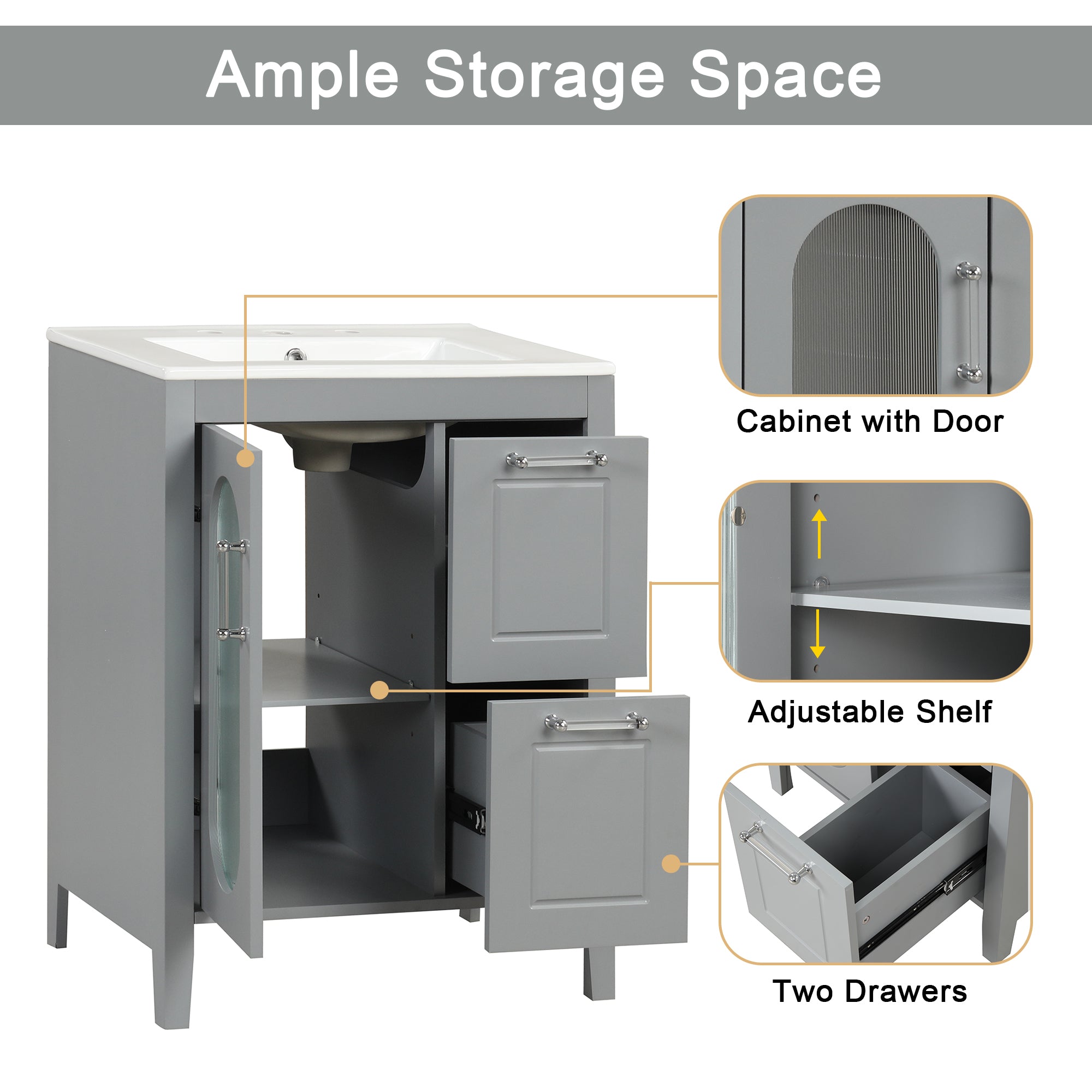 24" Bathroom Vanity with Sink, Bathroom Vanity Cabinet with Two Drawers and Door, Adjustable Shelf, Solid Wood and MDF, Grey