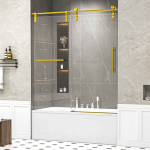 56-60 x 66 in Frameless Single Sliding Shower Door with Towel Rail - 56-60 x 66 in / Brushed Gold / Without Soft-Close view 1