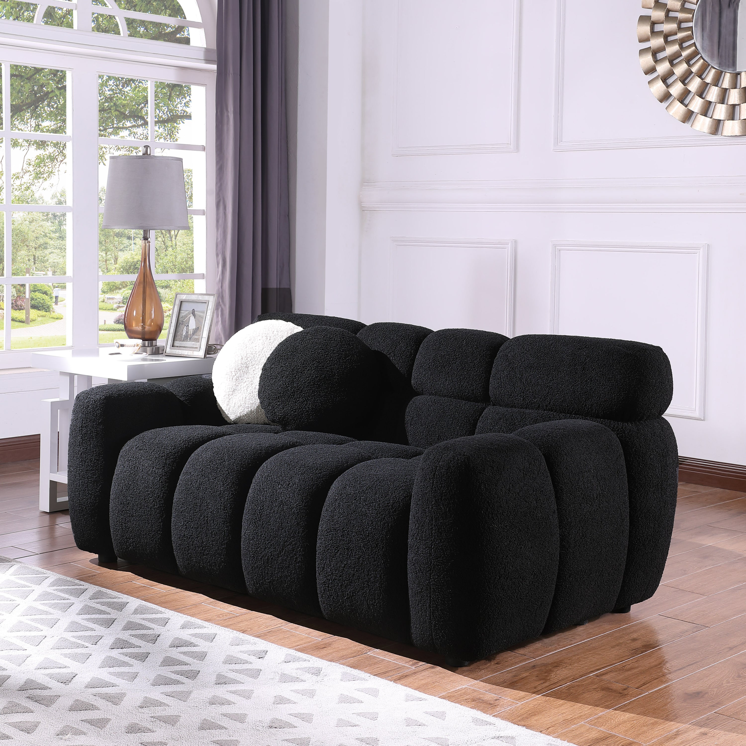 64.96 length ,35.83" deepth ,human body structure for USA people,  marshmallow sofa,boucle sofa ,2  seater, BEIGE  BOUCLE