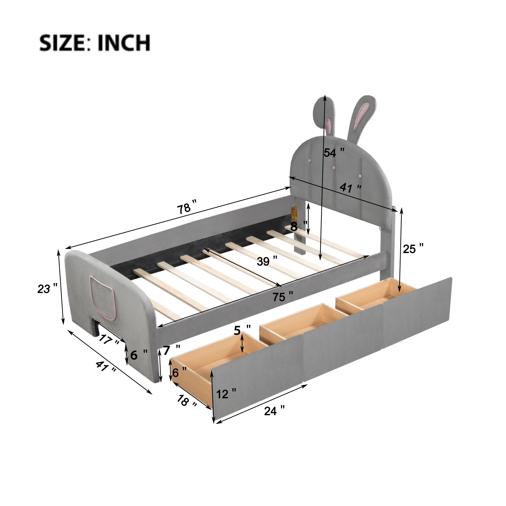 Twin Size Velvet Platform Bed with Rabbit-Shaped Headboard, with Drawers, with Bed-End Storage Pocket, Gray