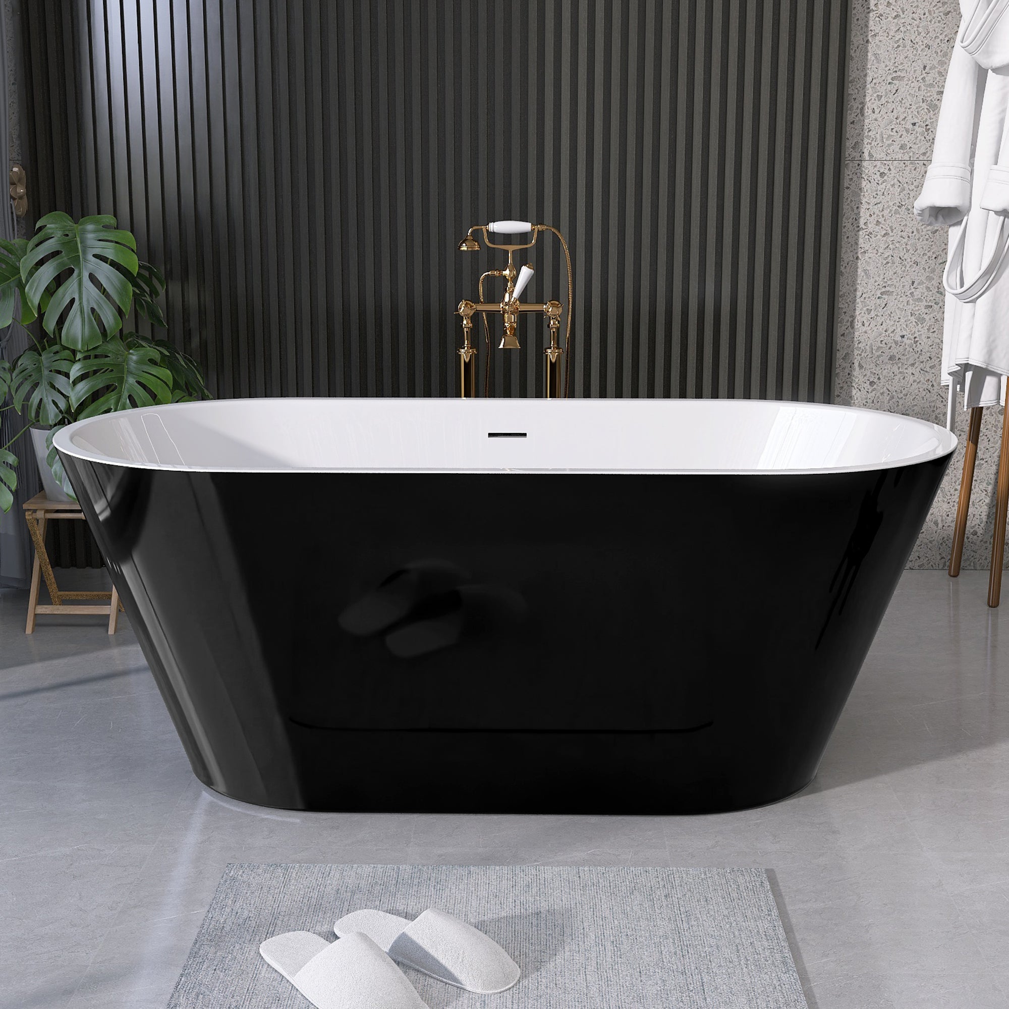 55" Acrylic Freestanding Bathtub Contemporary Soaking White Tub with Overflow and Pop-up Drain Gloss Black