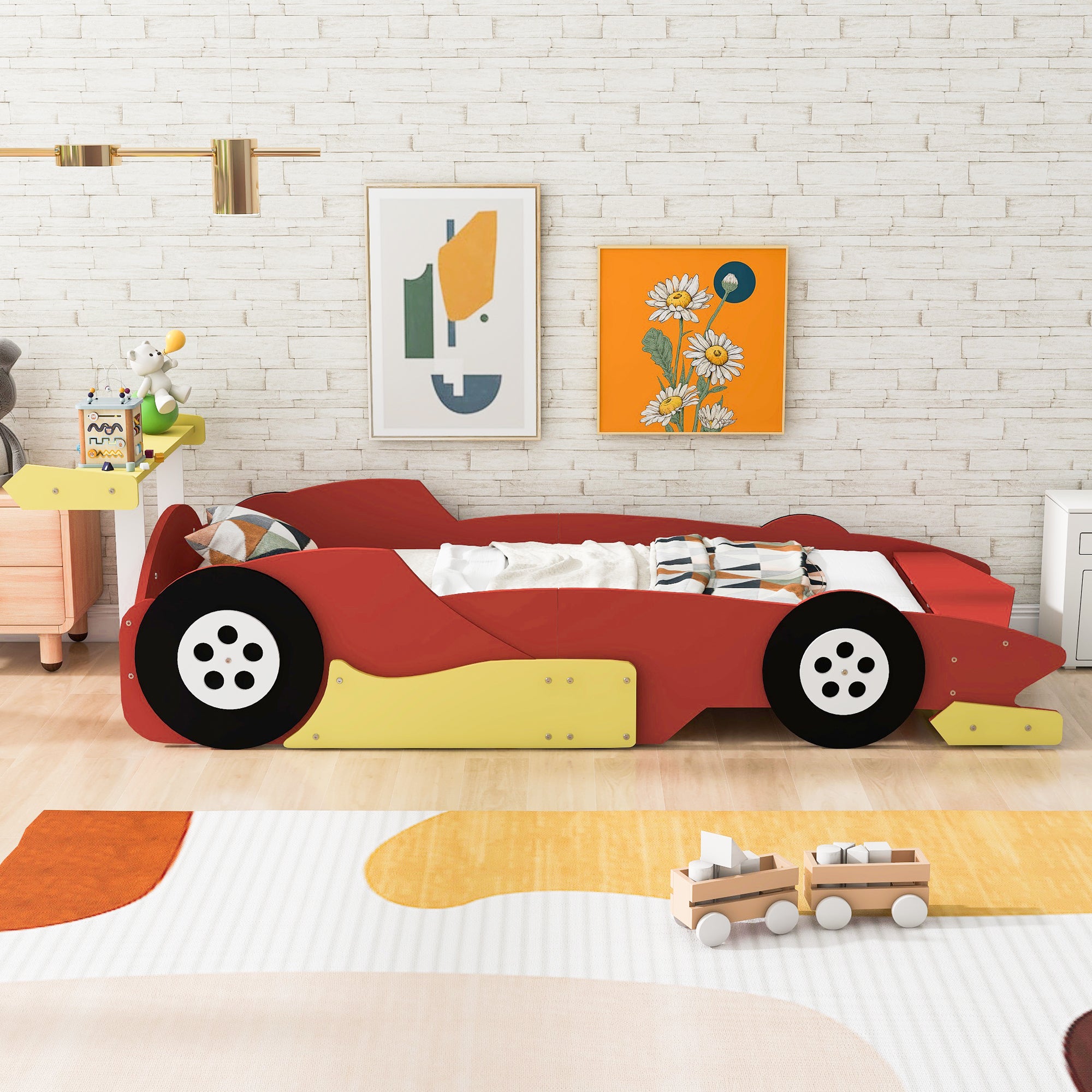 Twin Size Race Car-Shaped Platform Bed with Wheels,Red