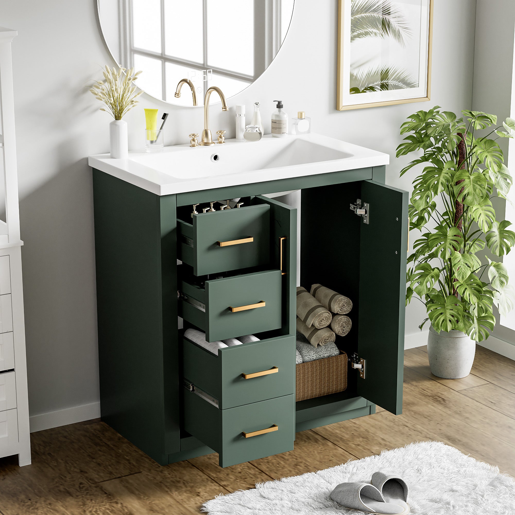 Freestanding bathroom vanity with soft-closing doors, storage view