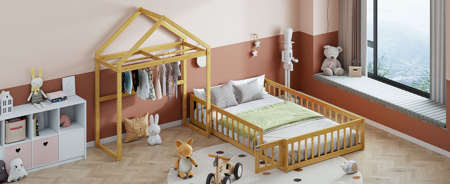 Wooden Floor Bed with Fence Railings and Detachable House Shape Headboard,Full Size Bed with Kids Dress Up Rack, Kids Montessori Style Playhouse Frame for Girls Boys, Natural