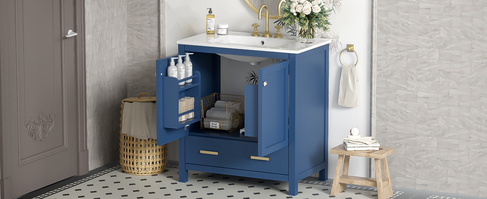 30" Blue Bathroom Vanity with Single Sink, Combo Cabinet Undermount Sink, Bathroom Storage Cabinet with 2 Doors and a Drawer, Soft Closing, Multifunctional Storage, Solid Wood Frame