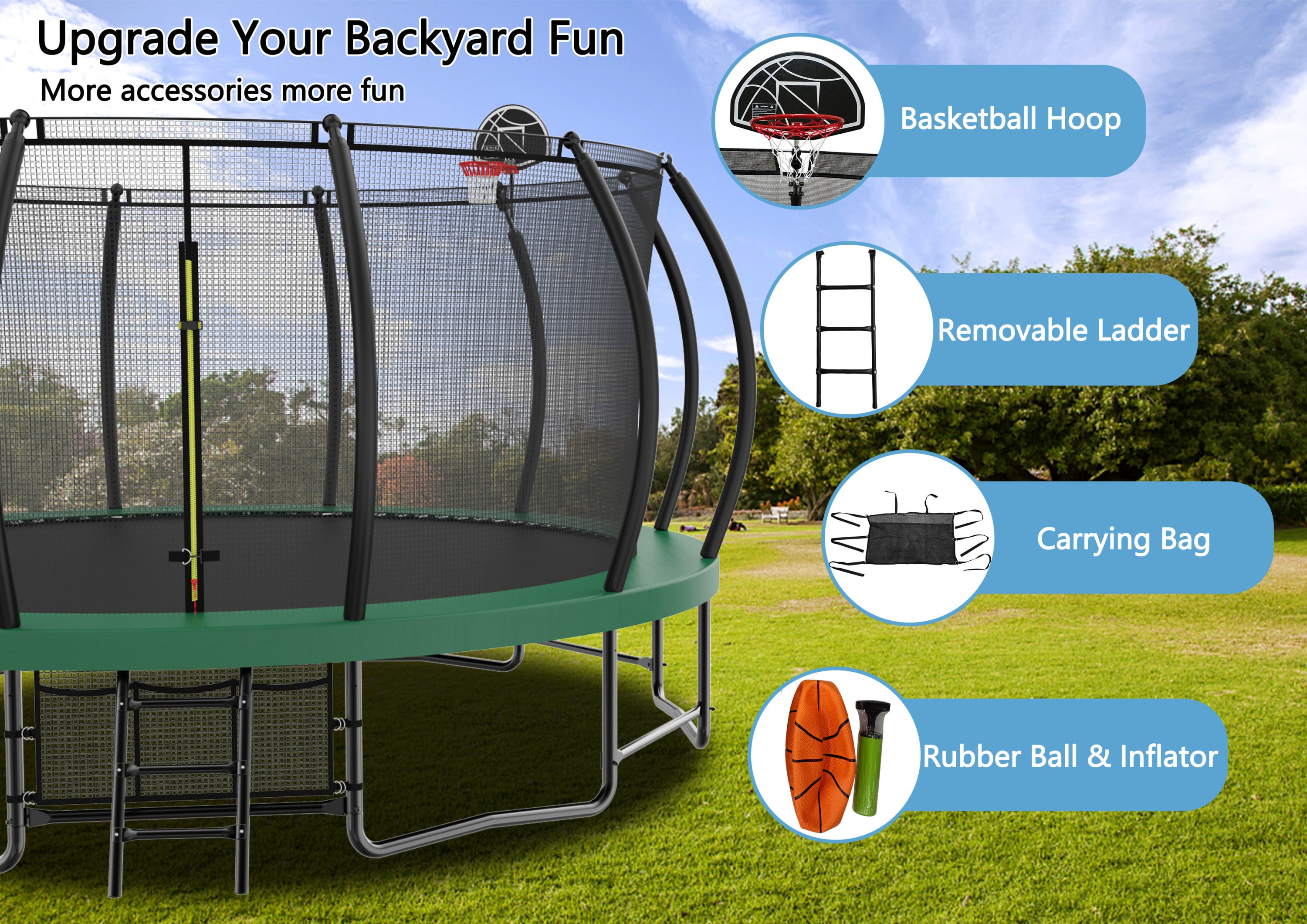 15FT Trampoline with Basketball Hoop - Recreational Trampolines with Ladder ,Shoe Bag and Galvanized Anti-Rust Coating