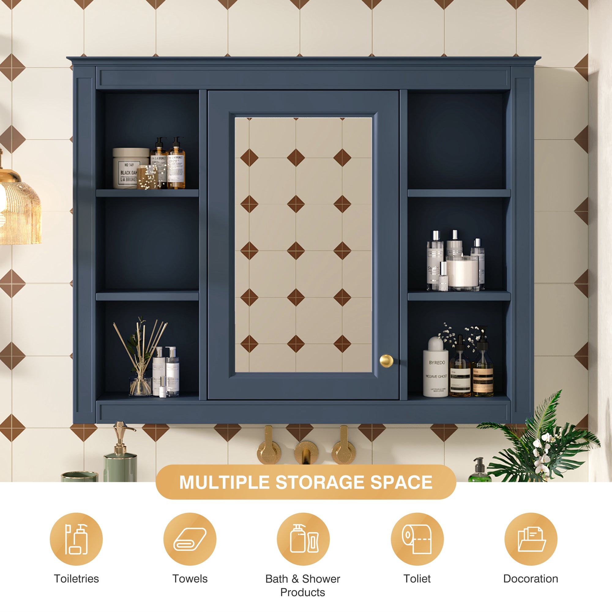 Modern wall-mounted mirror cabinet with open shelving in bathroom setting