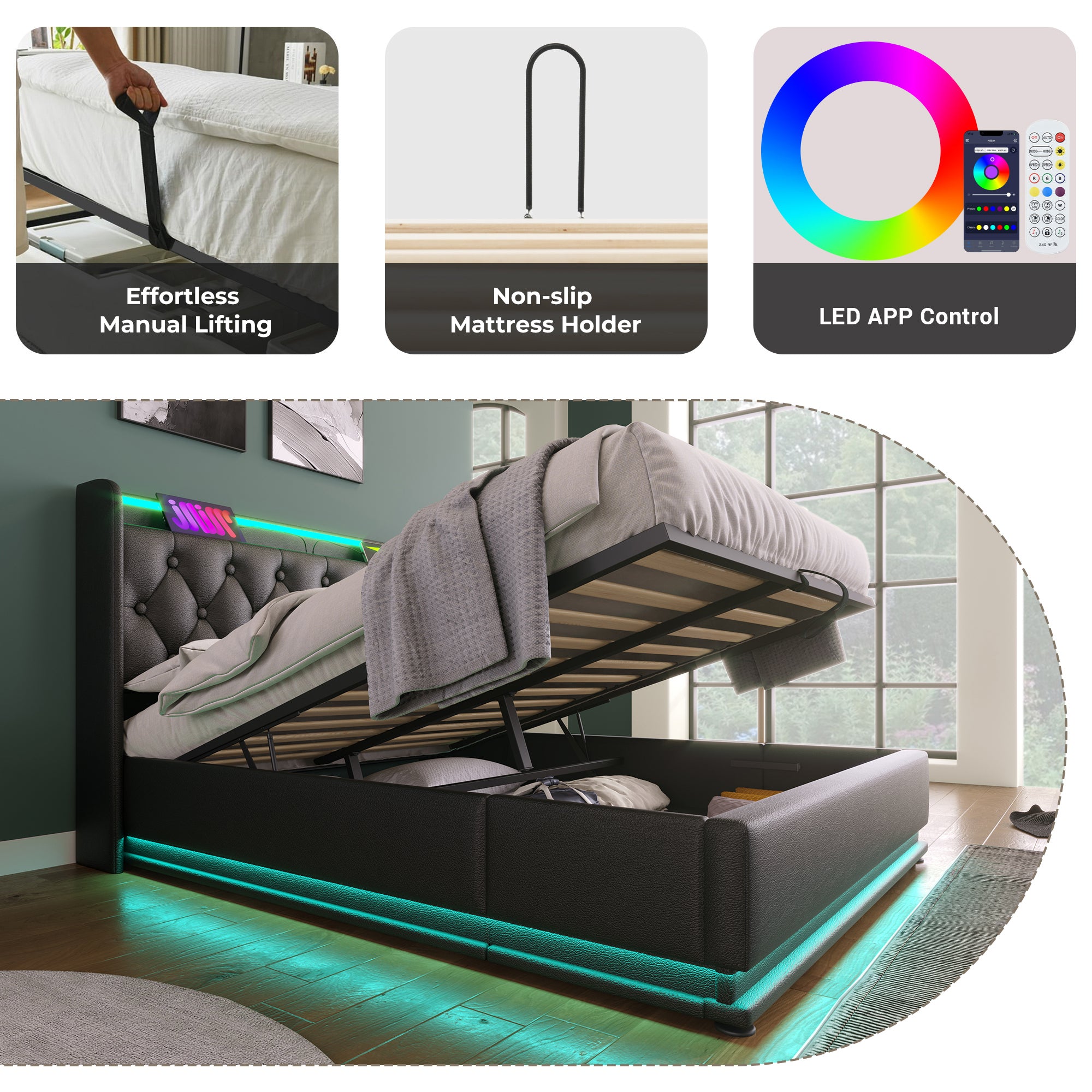 Queen size Upholstered bed, 360 surround LED function, Buttons/Apps/Remote Control, hydraulic storage bed with USB Type-C charging, Black,PU (Without mattress)