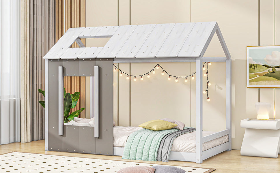 Twin Size House Platform with Roof and Window, White+Antique Grey(Old SKU: WF294130AAE)