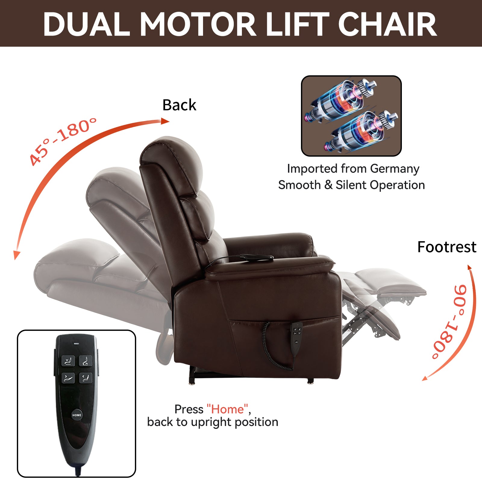 Brown Leatheraire Dual Motor Infinite Position Up to 350 LBS Power Lift Recliner Chair with Power-Remote, Heat Massage and Heavy Duty Motion Mechanism