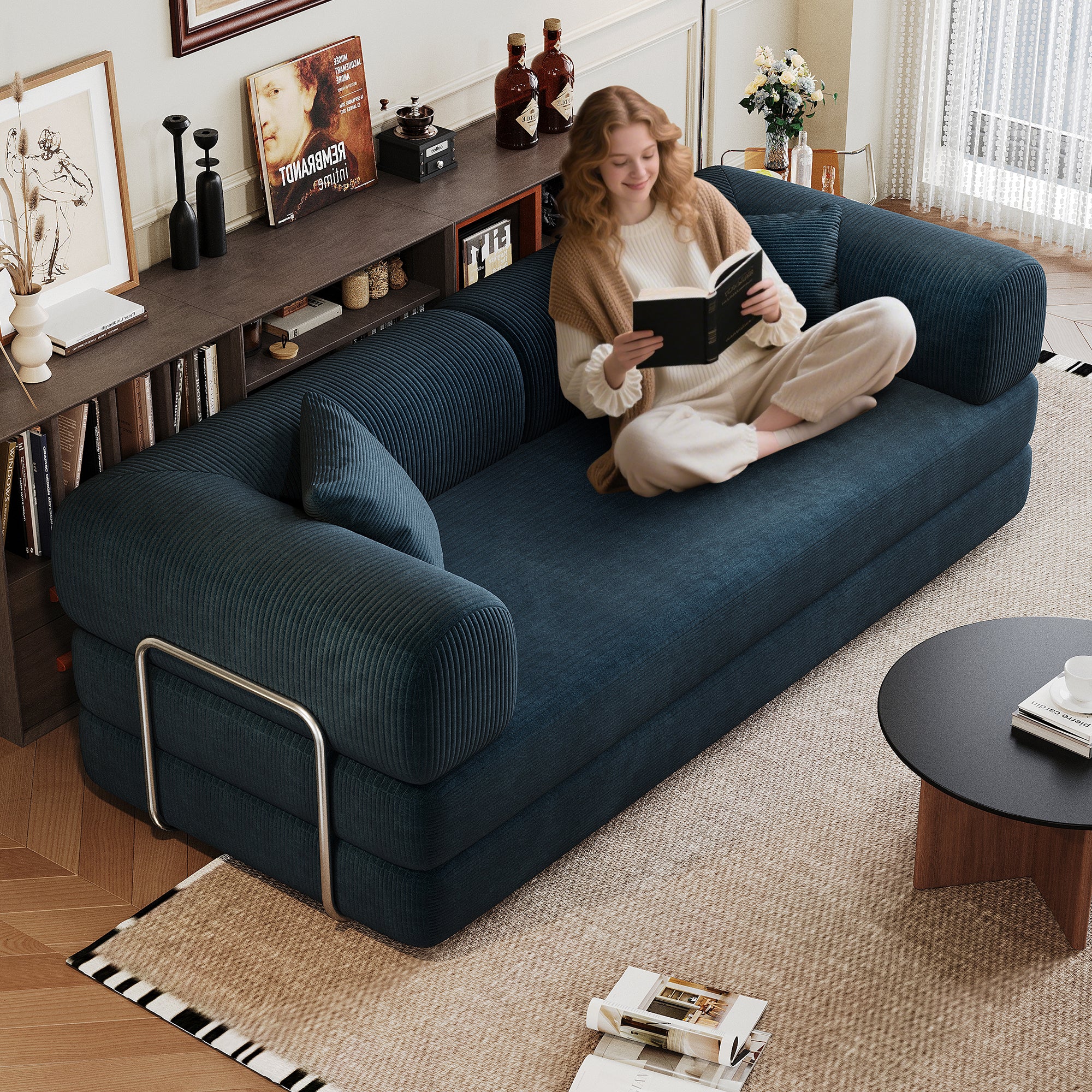 Blue corduroy convertible sofa bed, 78.8 inch modular sectional, front view