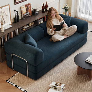 Blue corduroy convertible sofa bed, 78.8 inch modular sectional, front view