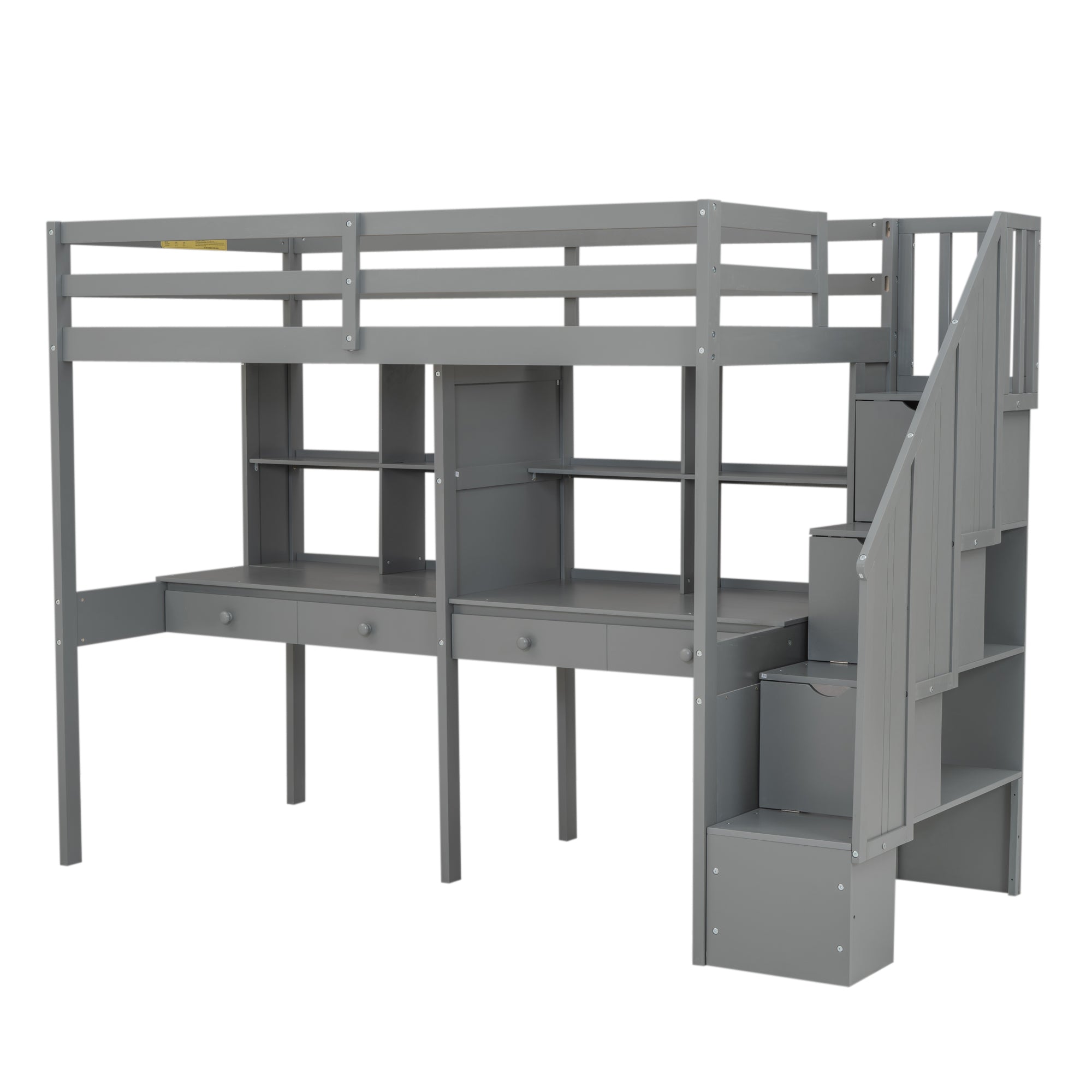 Twin Size Loft Bed Frame with Storage Staircase and Double Desks and Shelves,Gray