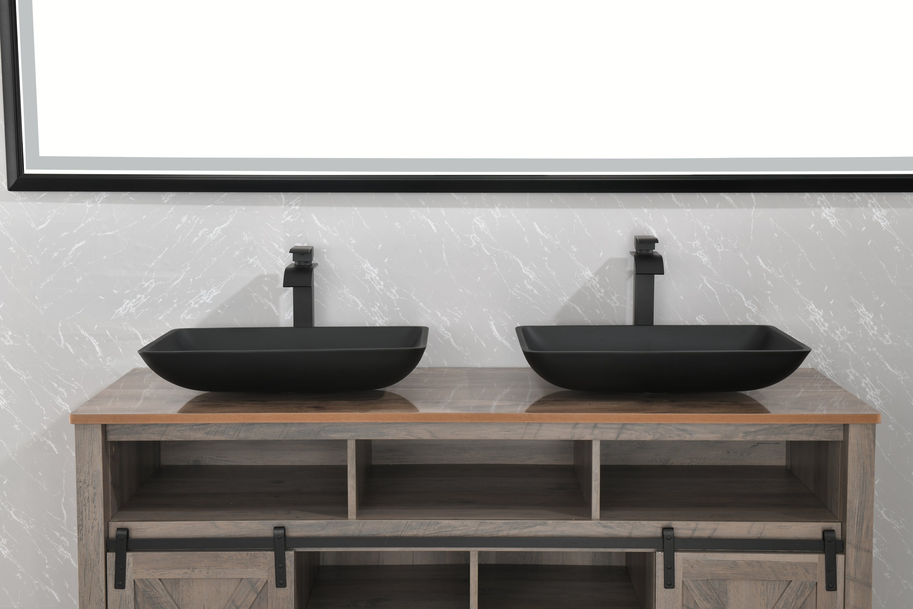 14.38" L -22.25" W -4-3/8 in. H Matte Shell  Glass Rectangular Vessel Bathroom Sink in Black with  Faucet and Pop-Up Drain in Matte Black