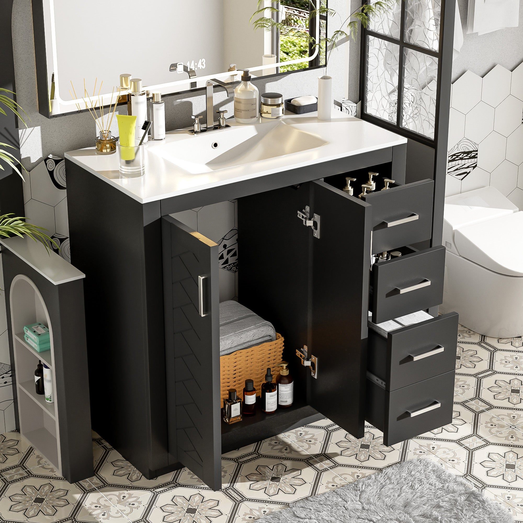 36 inch solid wood bathroom vanity with ceramic sink, angled view