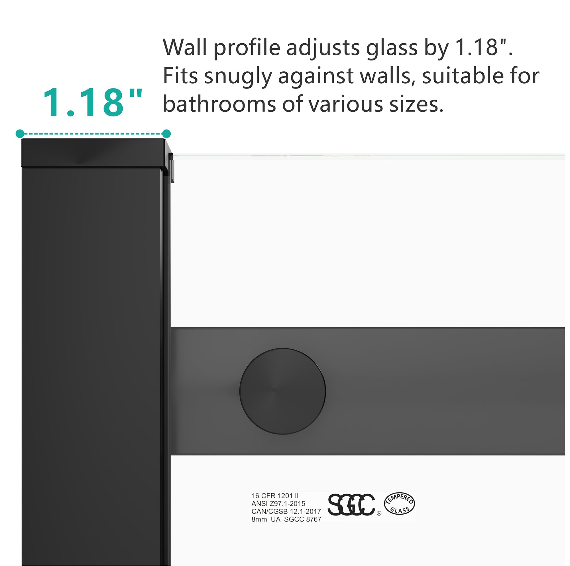 Sliding shower door tempered glass and black hardware close-up
