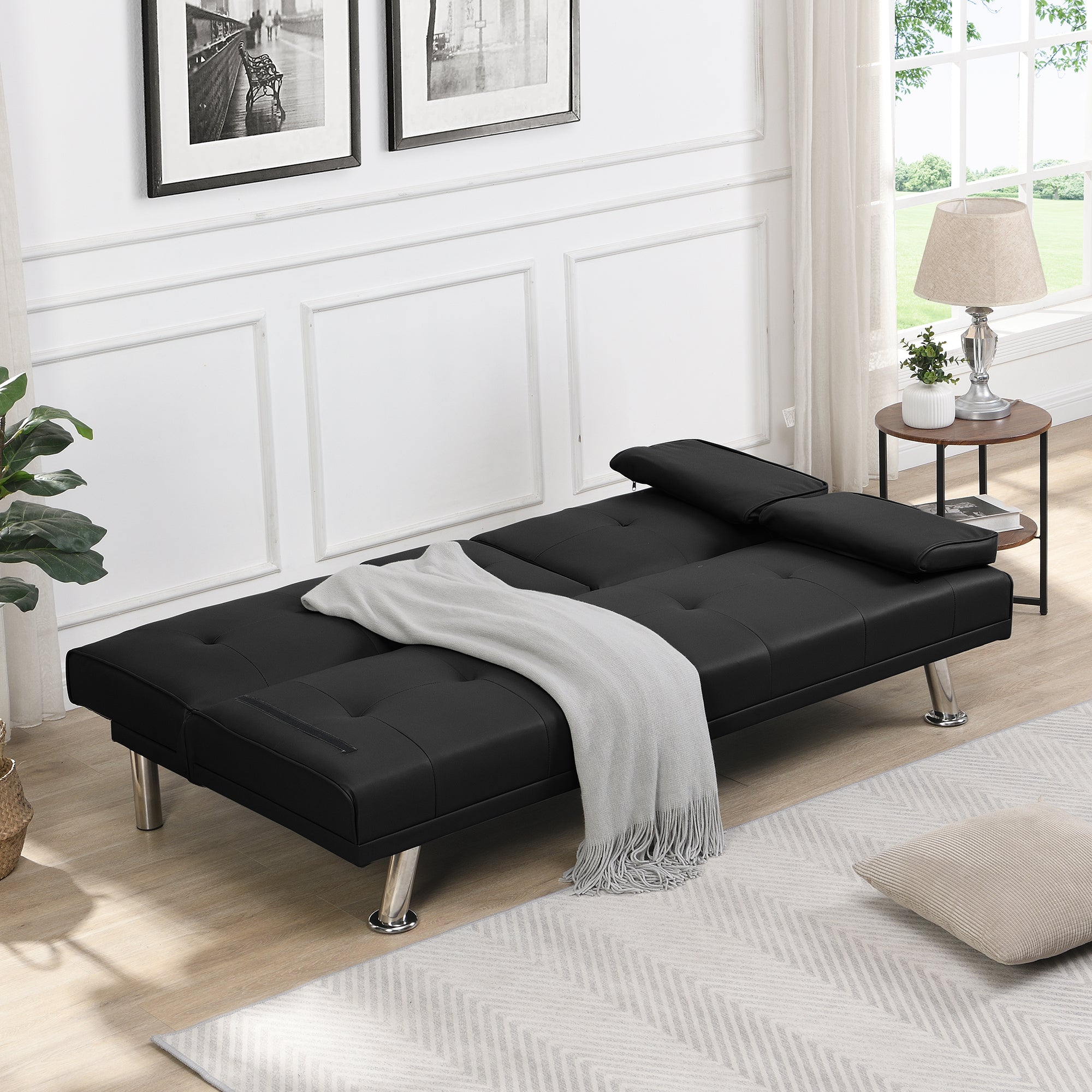 Sofa Bed with Armrest two holders WOOD FRAME, STAINLESS LEG, FUTON BLACK PVC