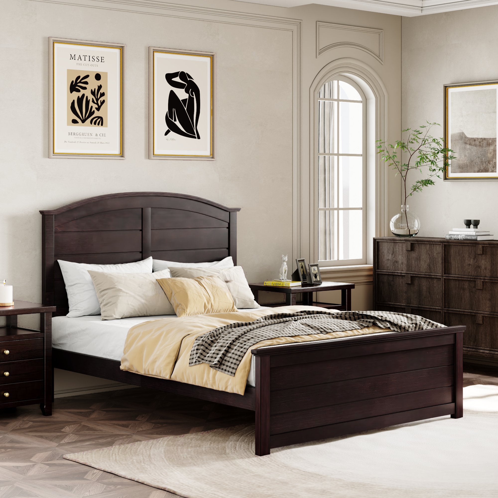 Farmhouse Wooden Platform Twin Size Bed with Curl Design Headboard and Footboard for Teenager, Espresso