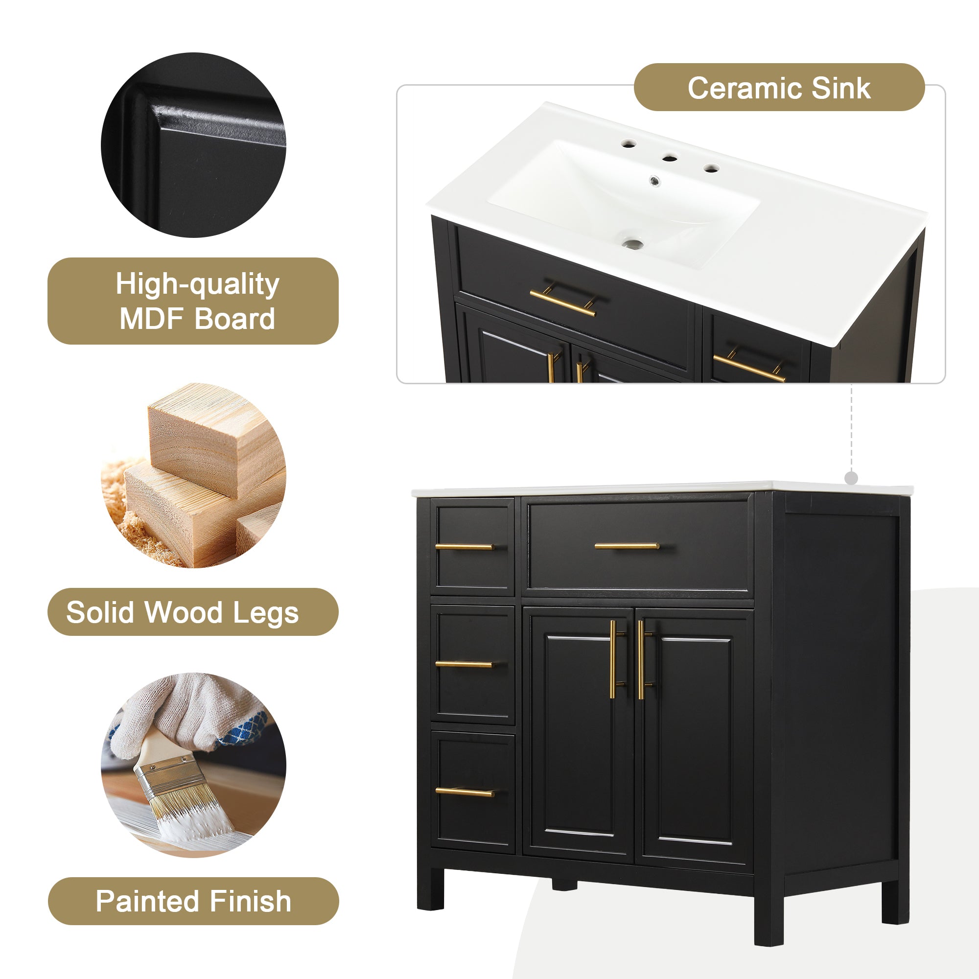 36" Bathroom Vanity with Sink Top, Bathroom Vanity Cabinet with Two Doors and Three Drawers, Solid Wood , MDF Boards ,One Package, Black