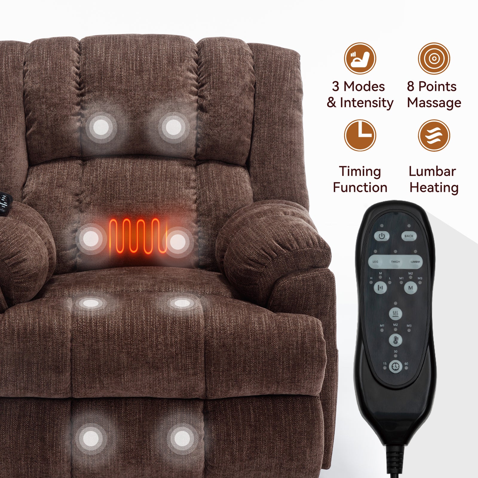 Dual Motor Heat Massage Infinite Position Up to 350 LBS Electric Power Lift Recliners with Power-Remote, Medium-firm and Heavy Duty, Brown