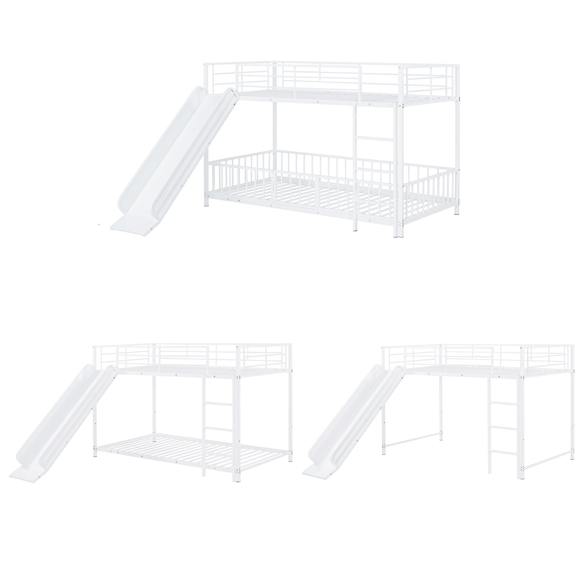 Twin over Twin Size Metal Bunk Bed with Slide and Guardrails, White