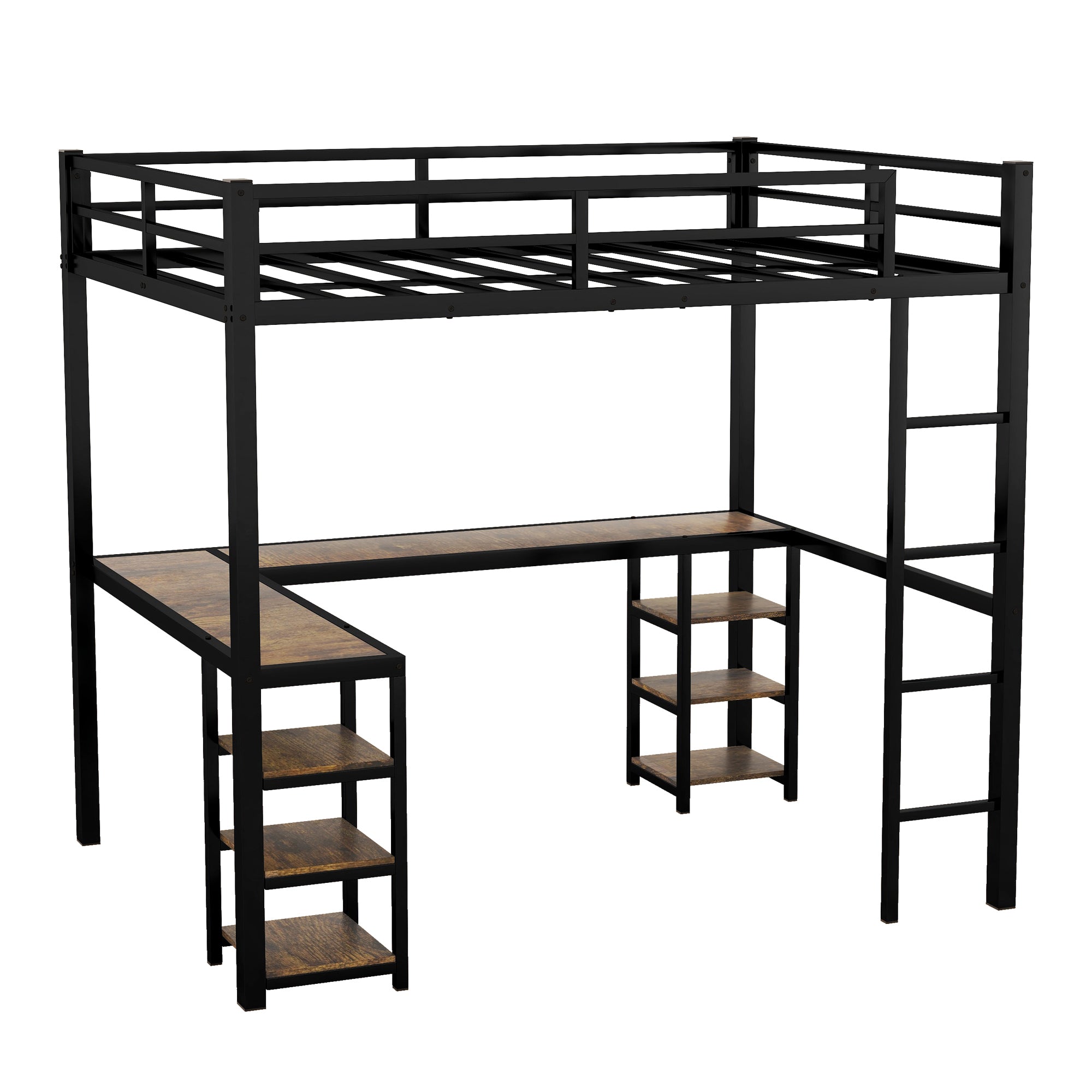 Twin XL Metal Loft Bed with Desk and Shelves, Loft Bed with Ladder and Guardrails, Loft Bed Frame for Bedroom, Black