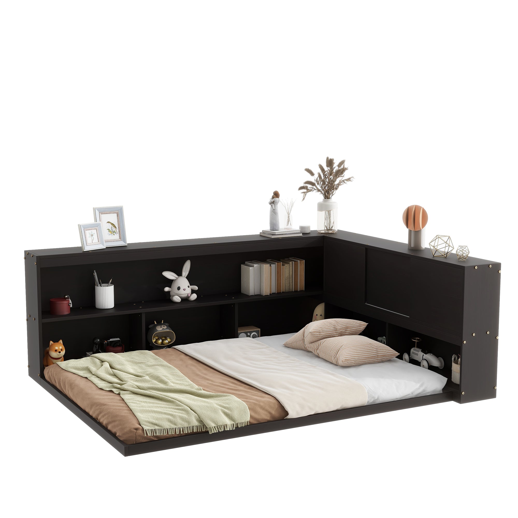 Full Floor Bed with L-shaped Bookcases, sliding doors,without slats,Espresso