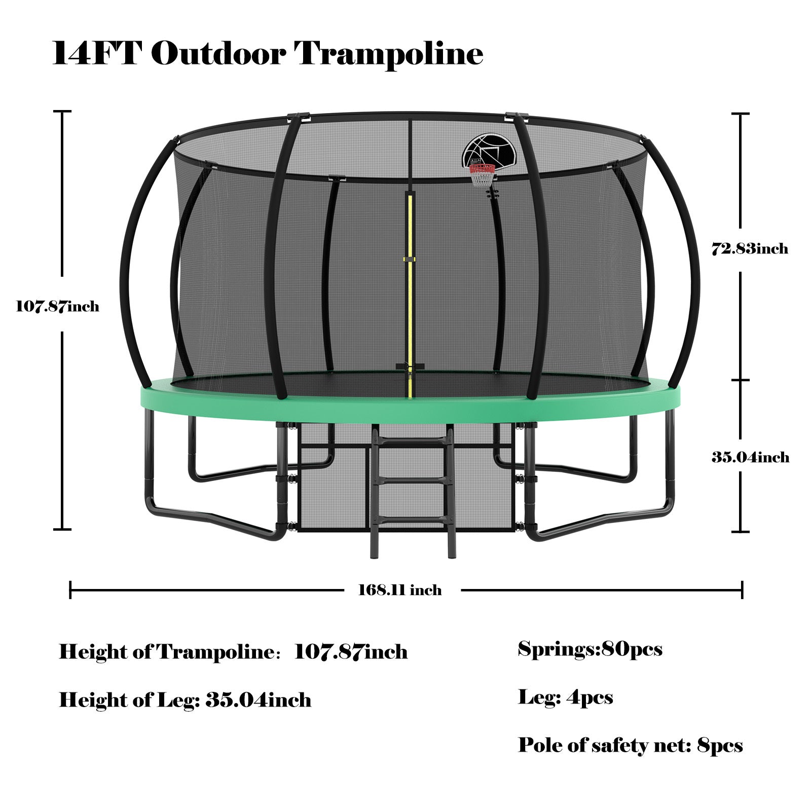 14FT Trampoline with Enclosure - Recreational Trampolines with Ladder and AntiRust Coating, ASTM Approval Outdoor Trampoline for Kids