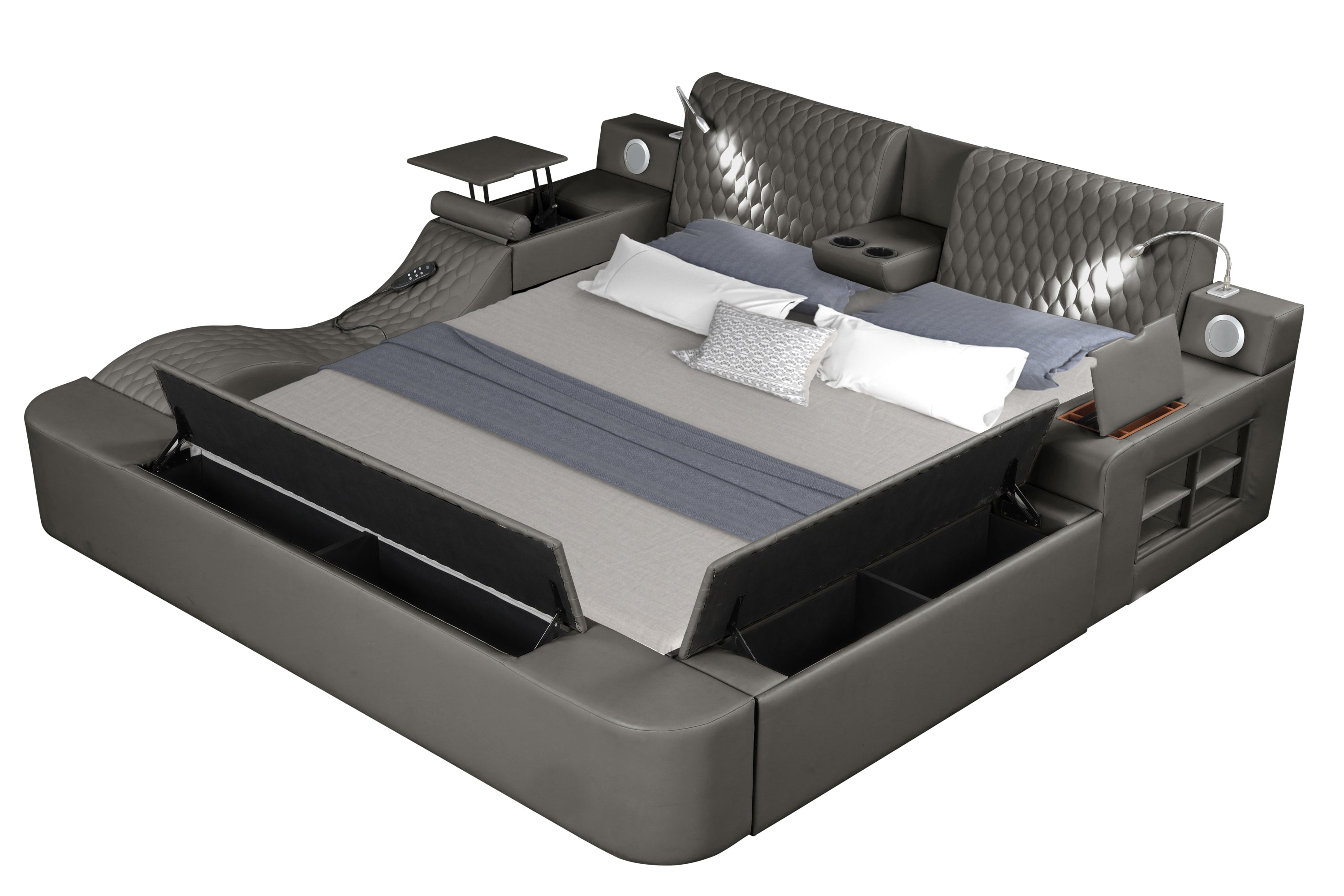 Smart Multifunctional Queen Size Bed Made with Wood in Gray