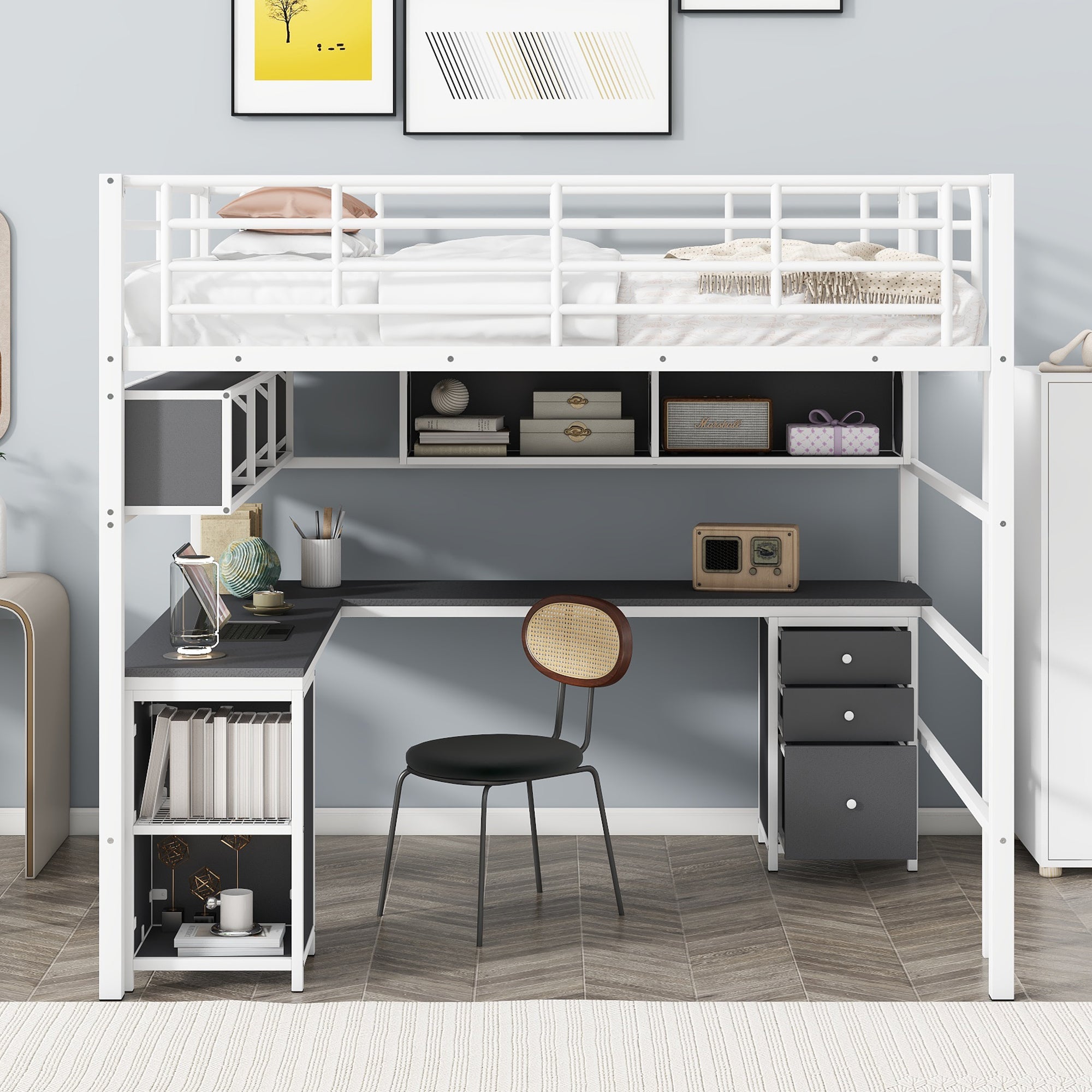 Metal Loft Bed with bookcase, desk and cabinet, Full, White