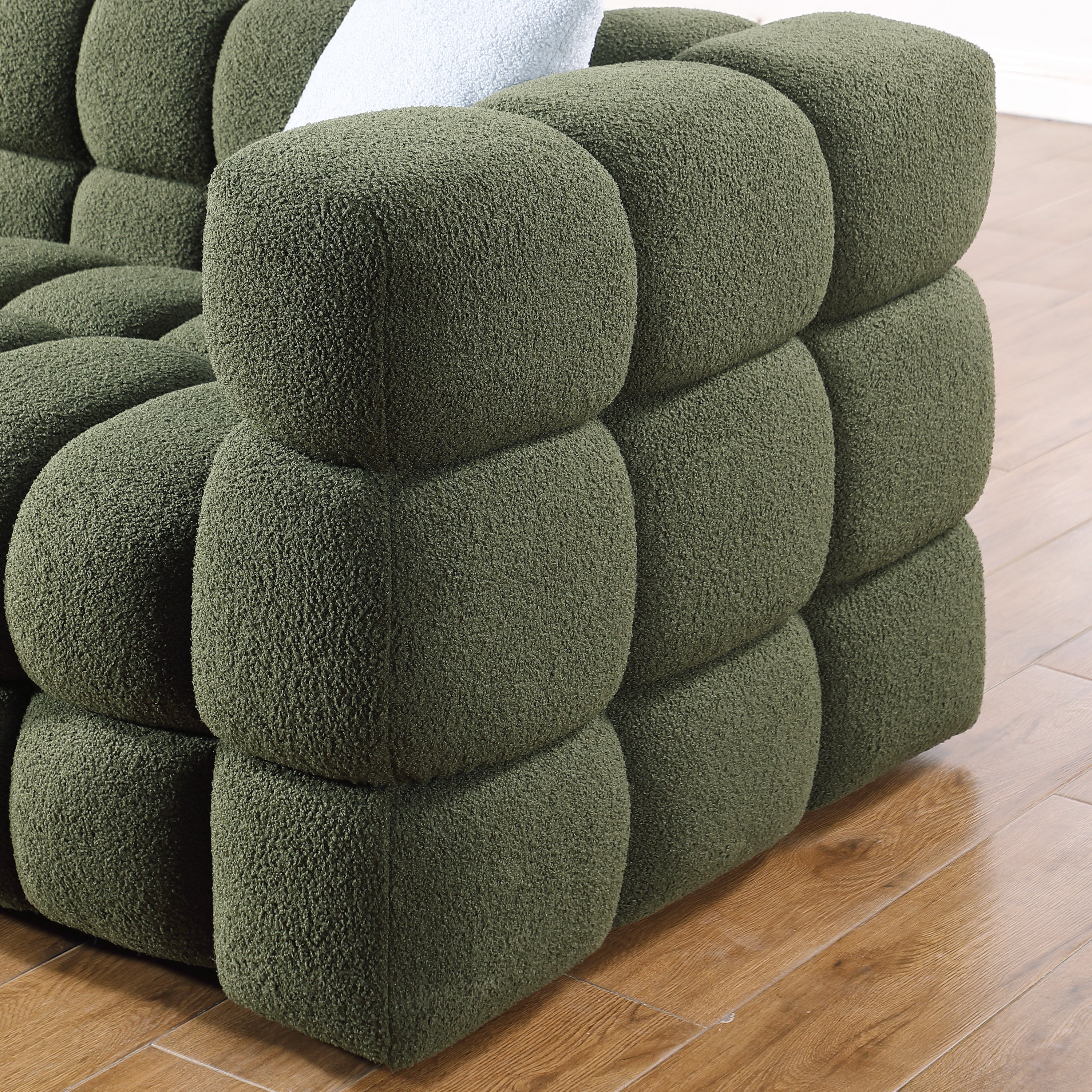 84.3 length ,35.83" deepth ,human body structure for USA people,  marshmallow sofa,boucle sofa ,3 seater, OLIVE GREEN BOUCLE