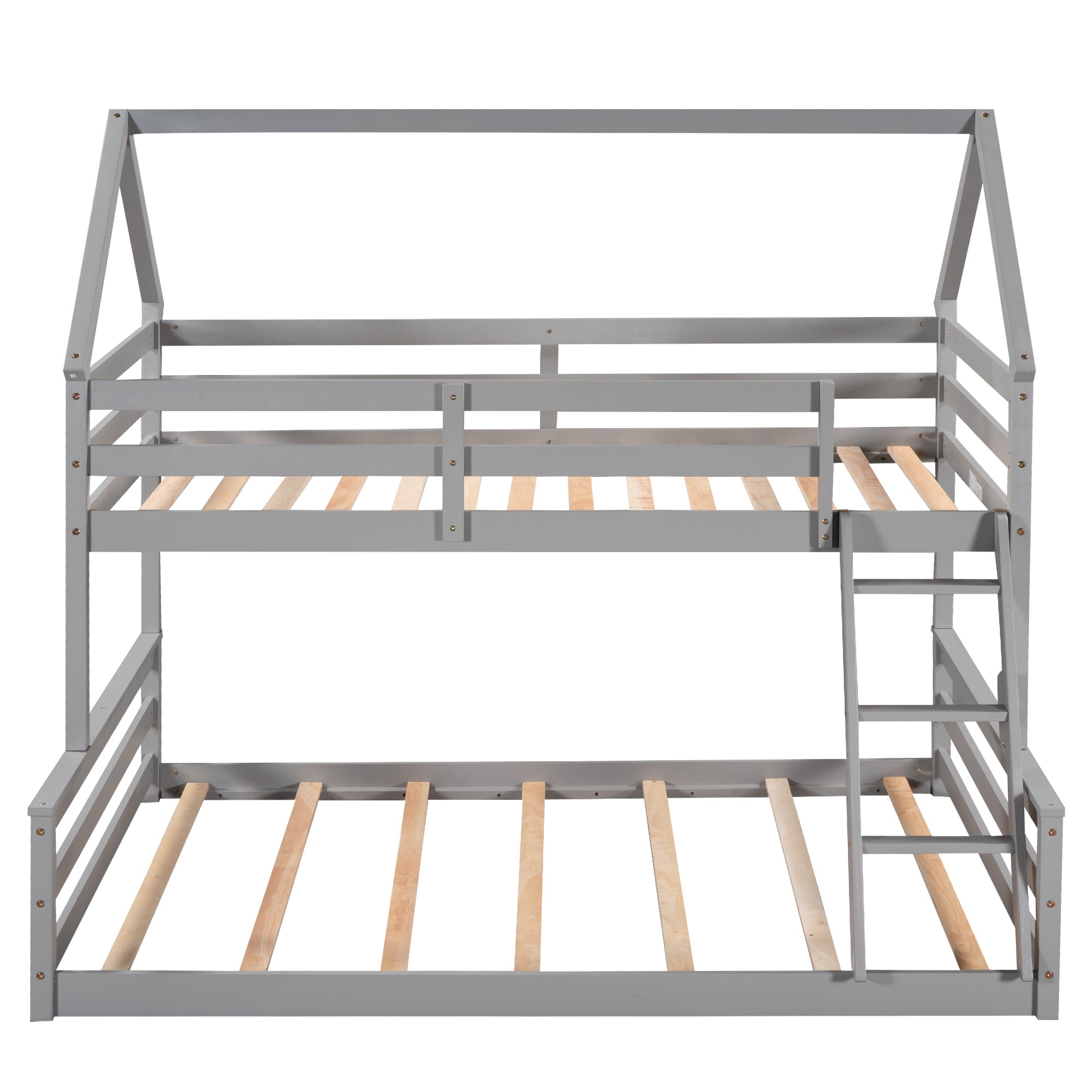 Twin over Full House Bunk Bed with Built-in Ladder,Gray