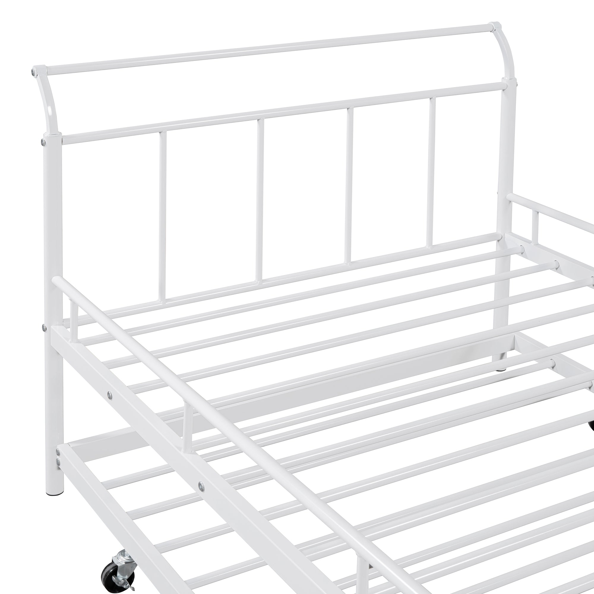 Twin Size Metal Daybed with Curved Handle Design and Twin Size Trundle, White