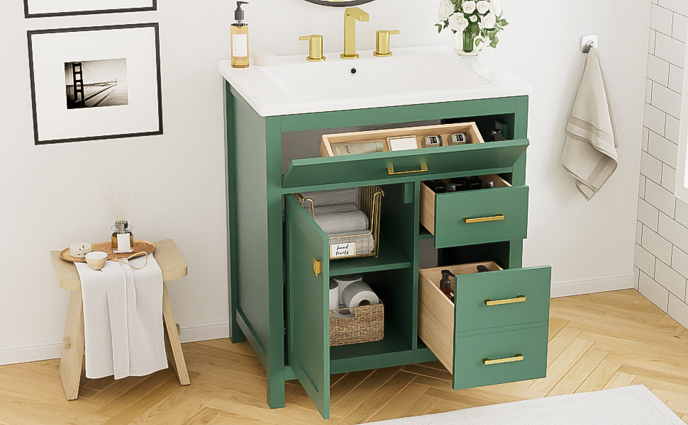 30-Inch Green Bathroom Vanity with Ceramic Sink and Ample Storage - Ideal Choice for Small Bathrooms