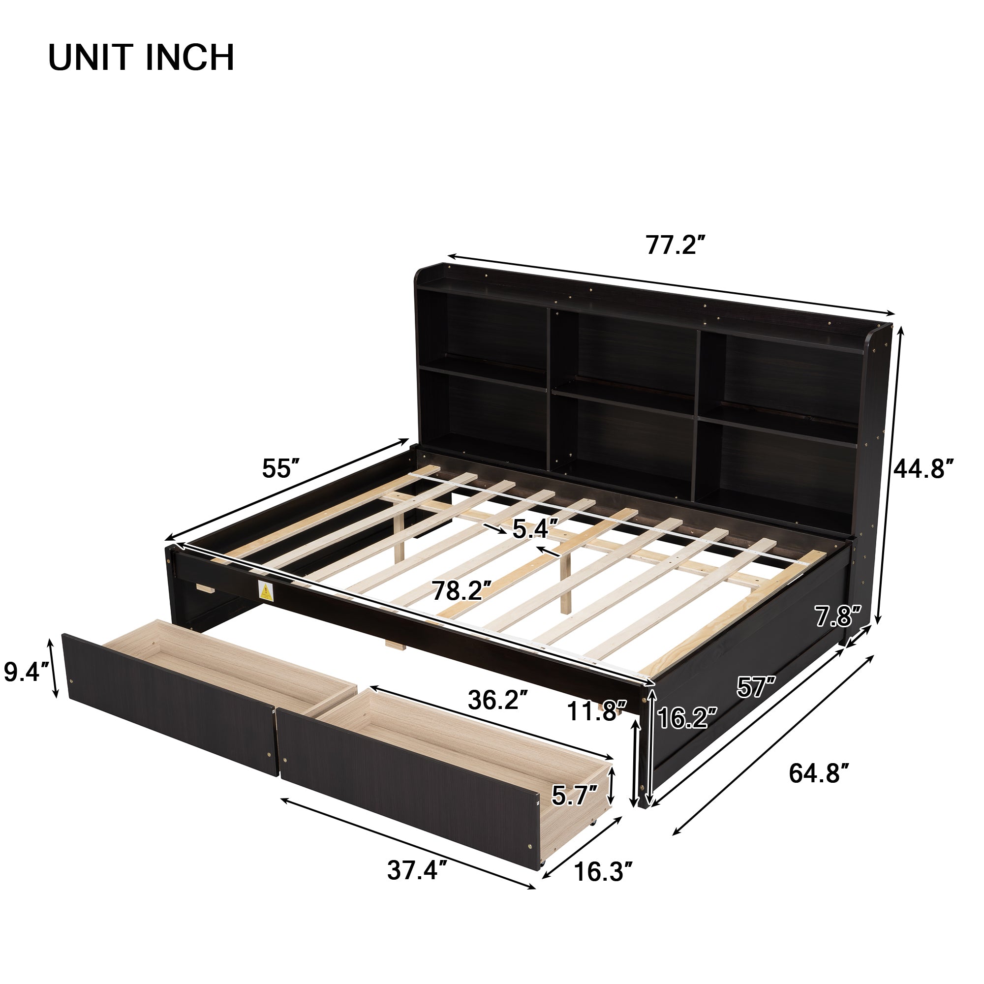 Full Bed with Side Bookcase, Drawers,Espresso