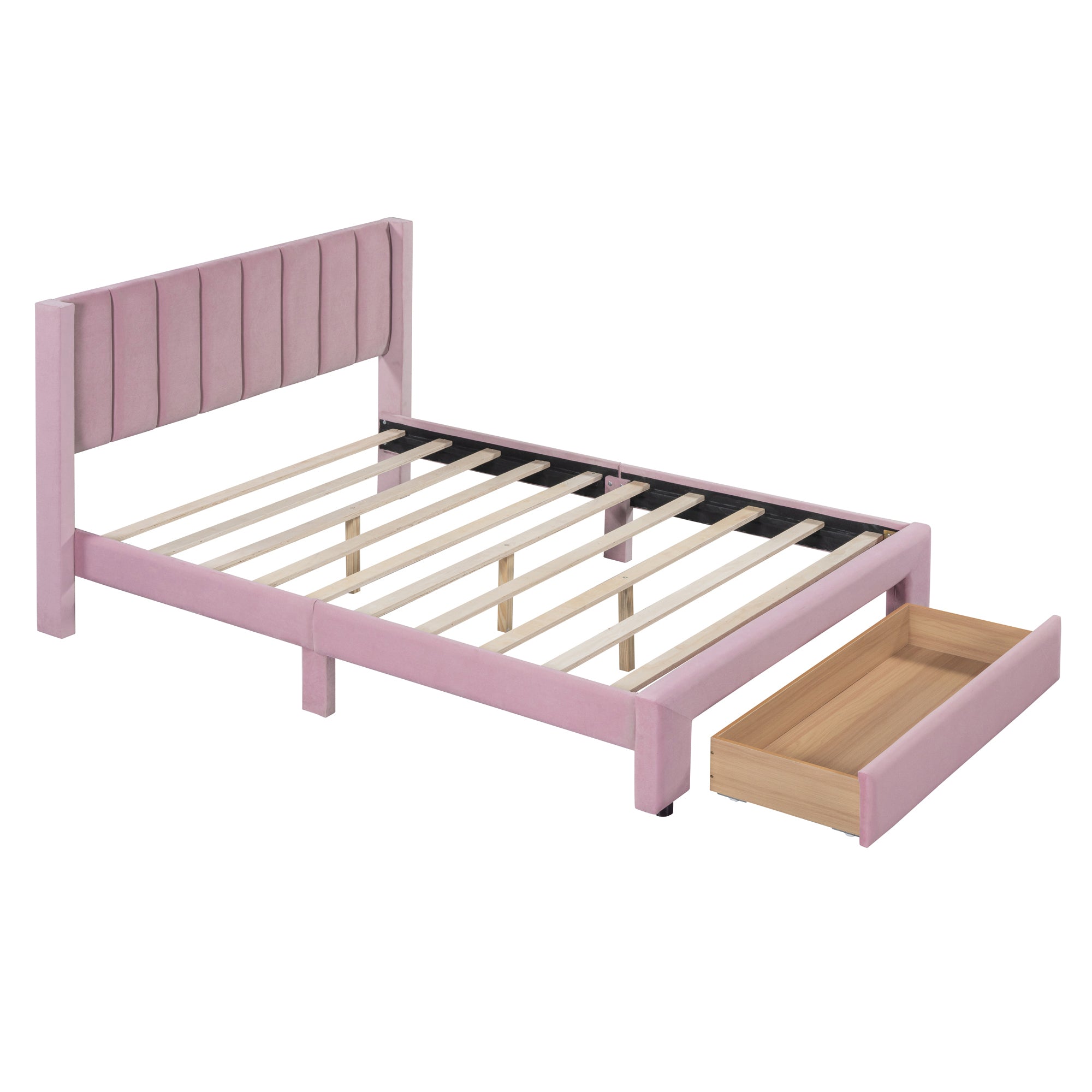 Full Size Storage Bed Velvet Upholstered Platform Bed with a Big Drawer - Pink(old sku:WF296850AAH)