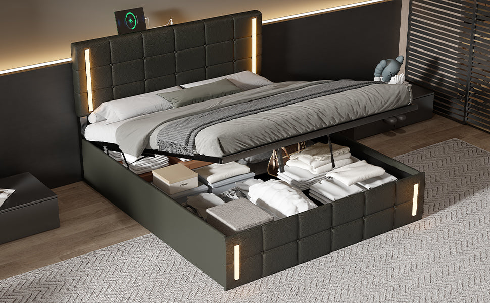 Queen Size Upholstered Bed with LED Lights,Hydraulic Storage System and USB Charging Station,Black