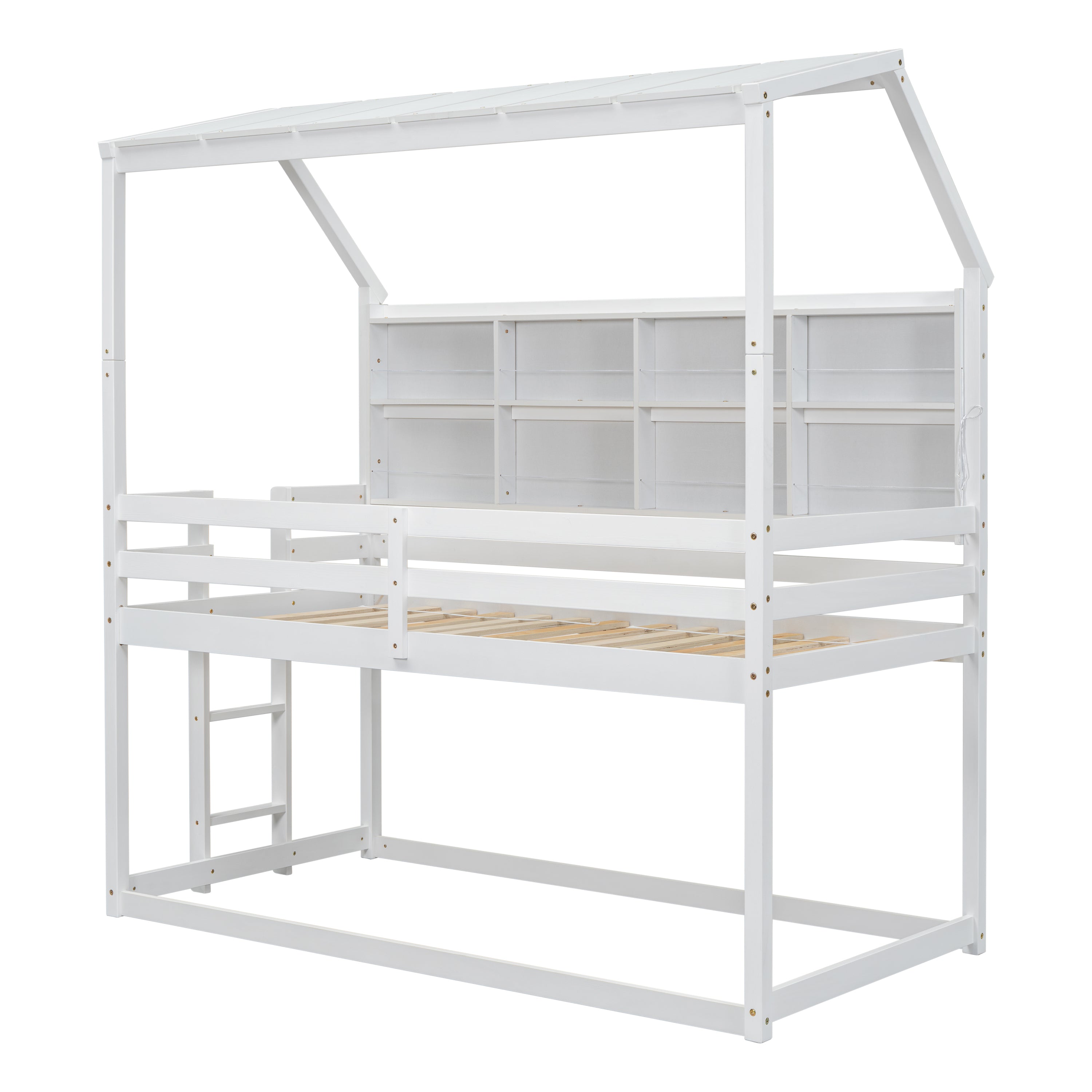 Twin Over Twin Low Bunk Bed with House Semi-enclosed Roof,Guardrails, Bedside Shelves and Ladder, White