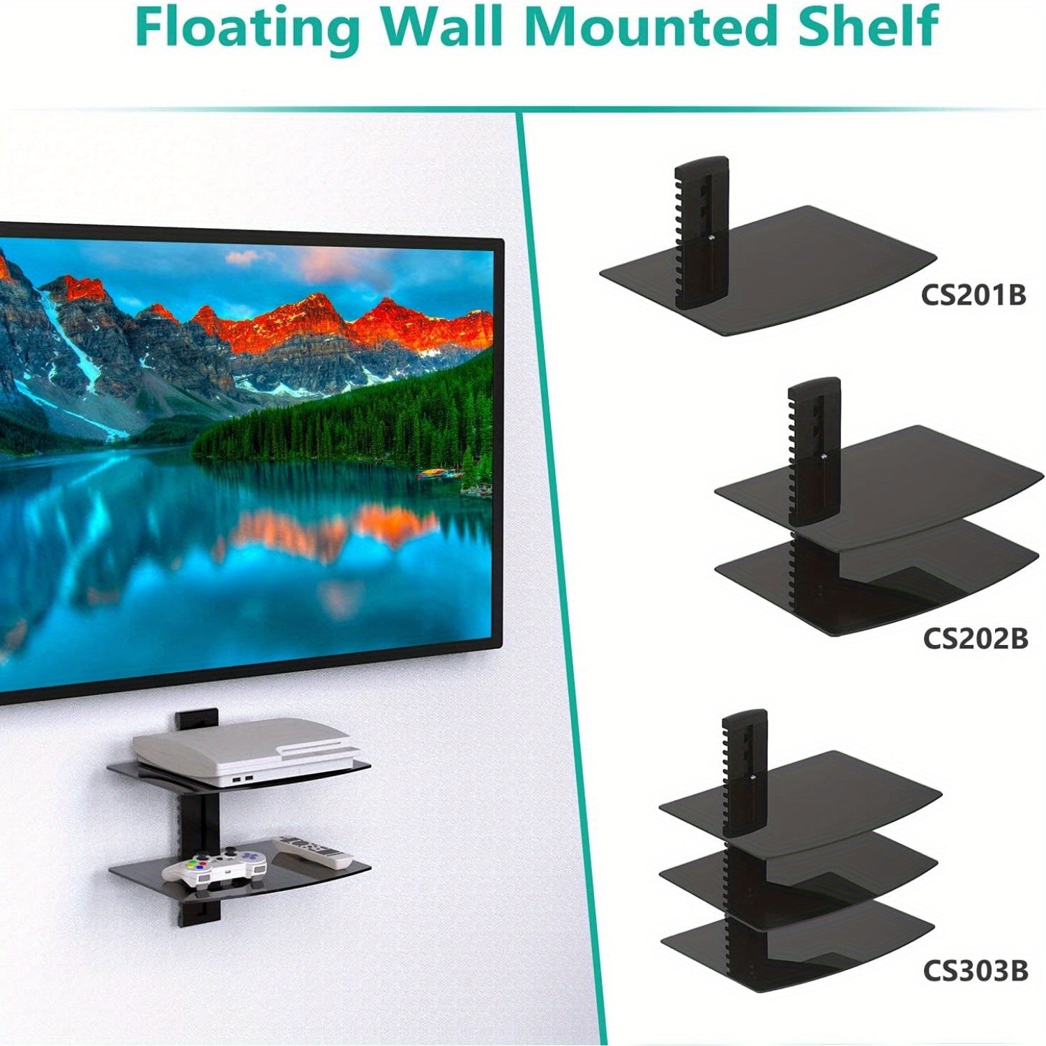 Floating Entertainment Center - Black Tempered Glass TV Shelf, Holds 17.6lbs, 2 Tiers